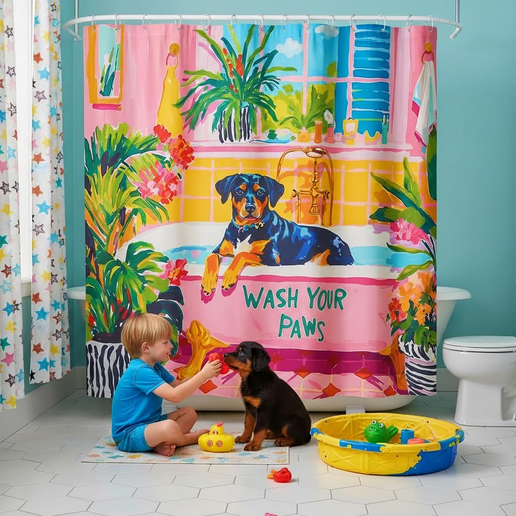 Accnicc Funny Dog Shower Curtain Boho Cute Rottweiler Shower Curtains for Bathroom Green Tropical Plants Pink Bathtub Matisse Decorative Unique Waterproof Fabric Bath Curtain Decor 72 X 72 Inches image 3