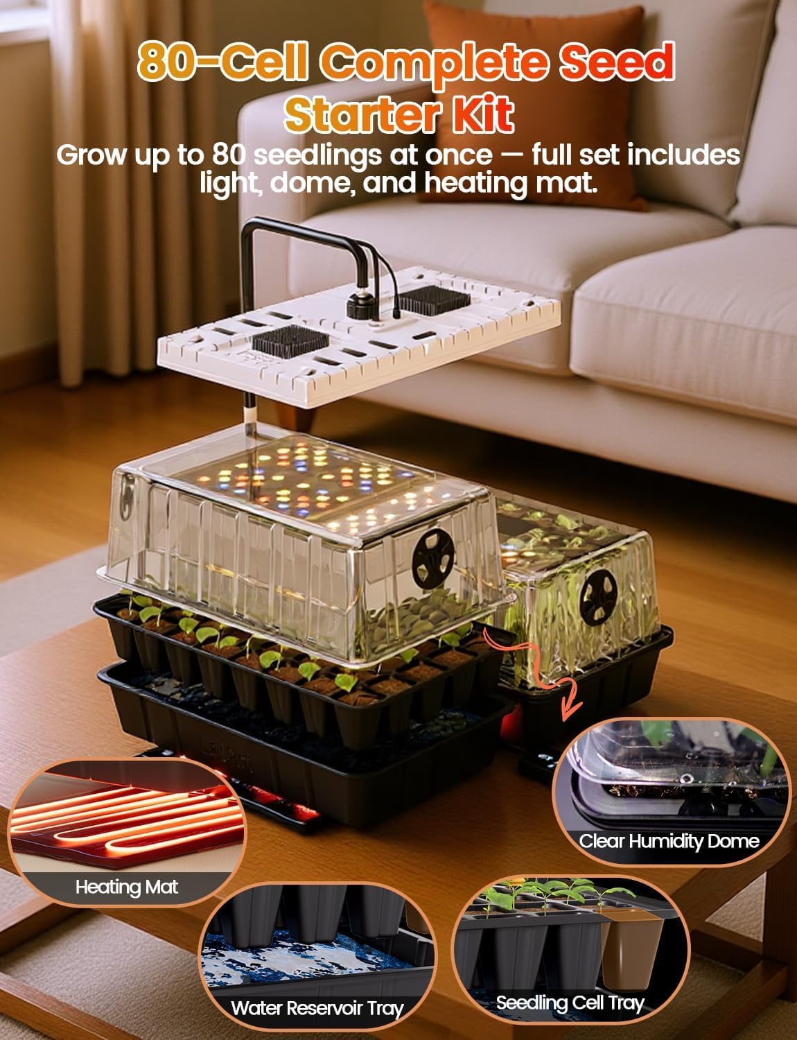 48W Full Spectrum LED Grow Light Seed Starter Kit, 80-Cell Tray with 30W Heating Mat & Adjustable Dome, Waterproof Germination System for Healthy Indoor Seedlings