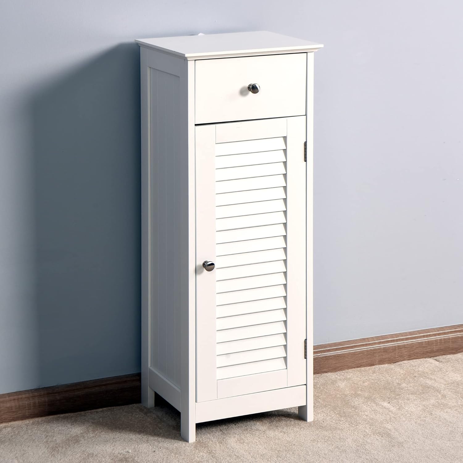 Bathroom Floor Cabinet Storage Organizer Set, with Drawer and Single Shutter Door Wooden, for Living Room, Bathroom, Bedroom, Modern Home Furniture White