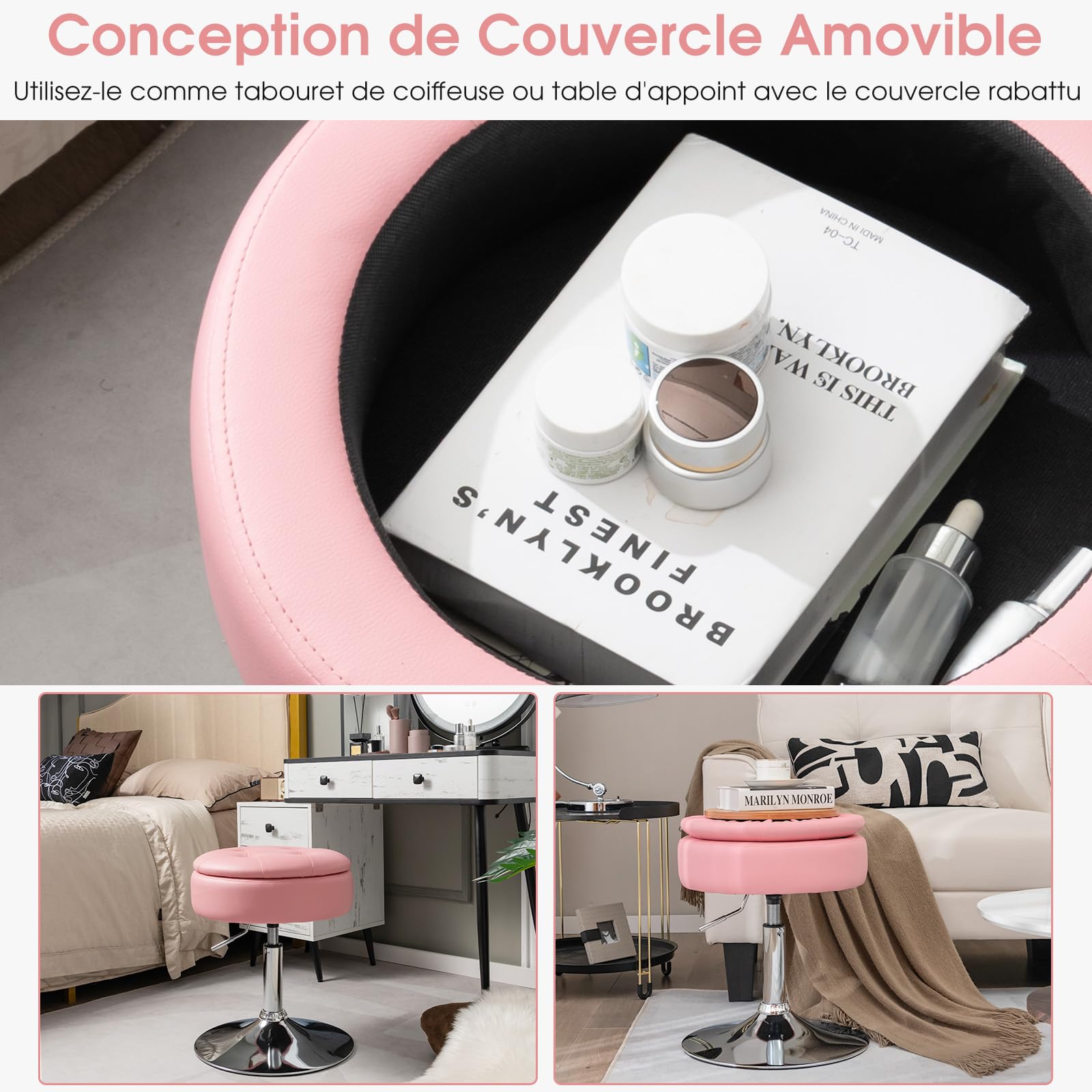 GOPLUS Tabouret de Coiffeuse Capitonné, 3 en 1 Pouf de Rangement d'Appoint avec Couvercle Réversible, Chaise de Maquillage Pivotante à 360° et Réglable en Hauteur 51-66 cm (Rose)