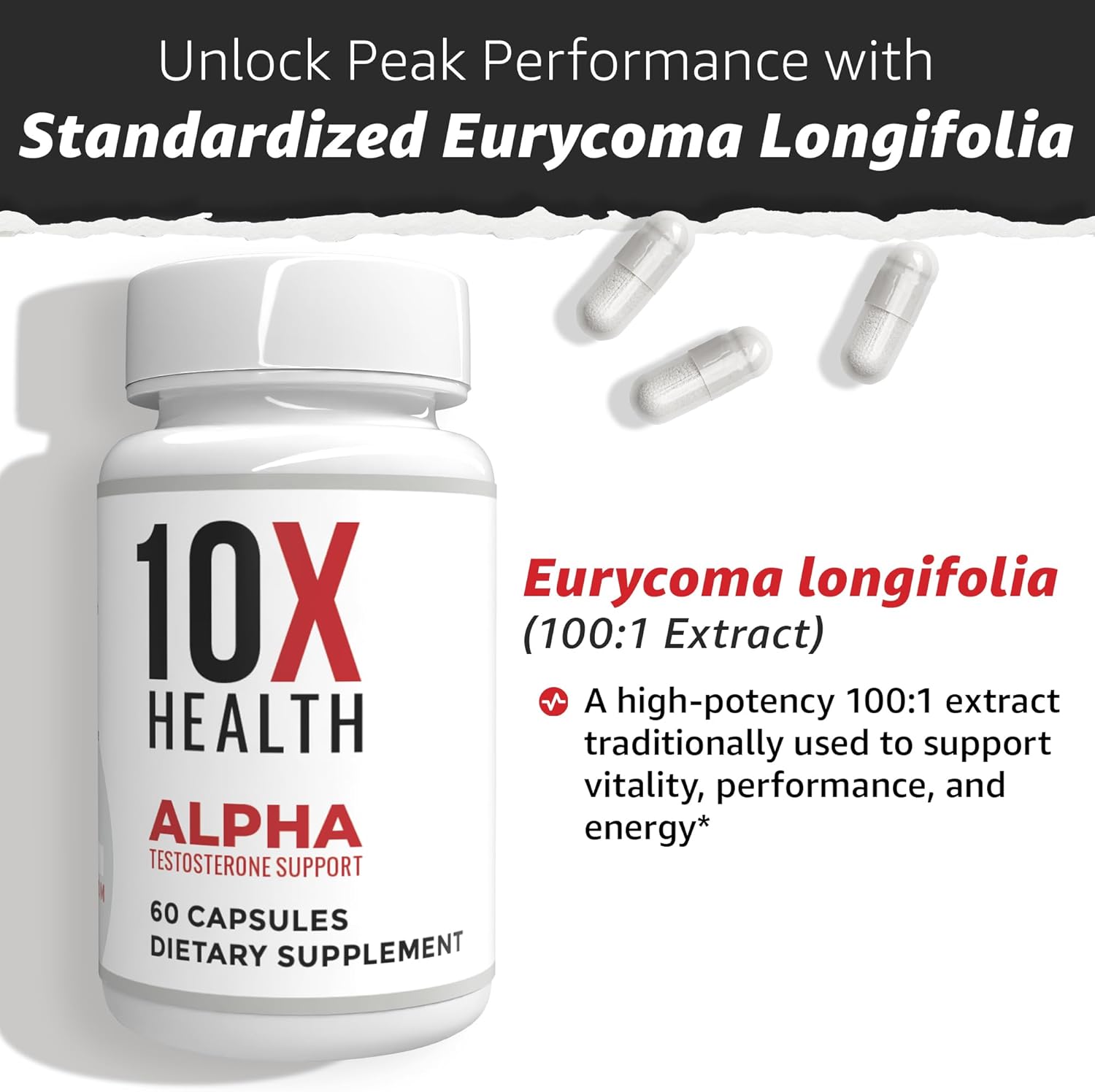 10X Health Alpha Testosterone Supplement for Men - 60 Capsules Mens Testosterone Supplement with Tongkat Ali 1000mg - Strength, Vitality & Muscle Growth Supplements for Men - Image 4