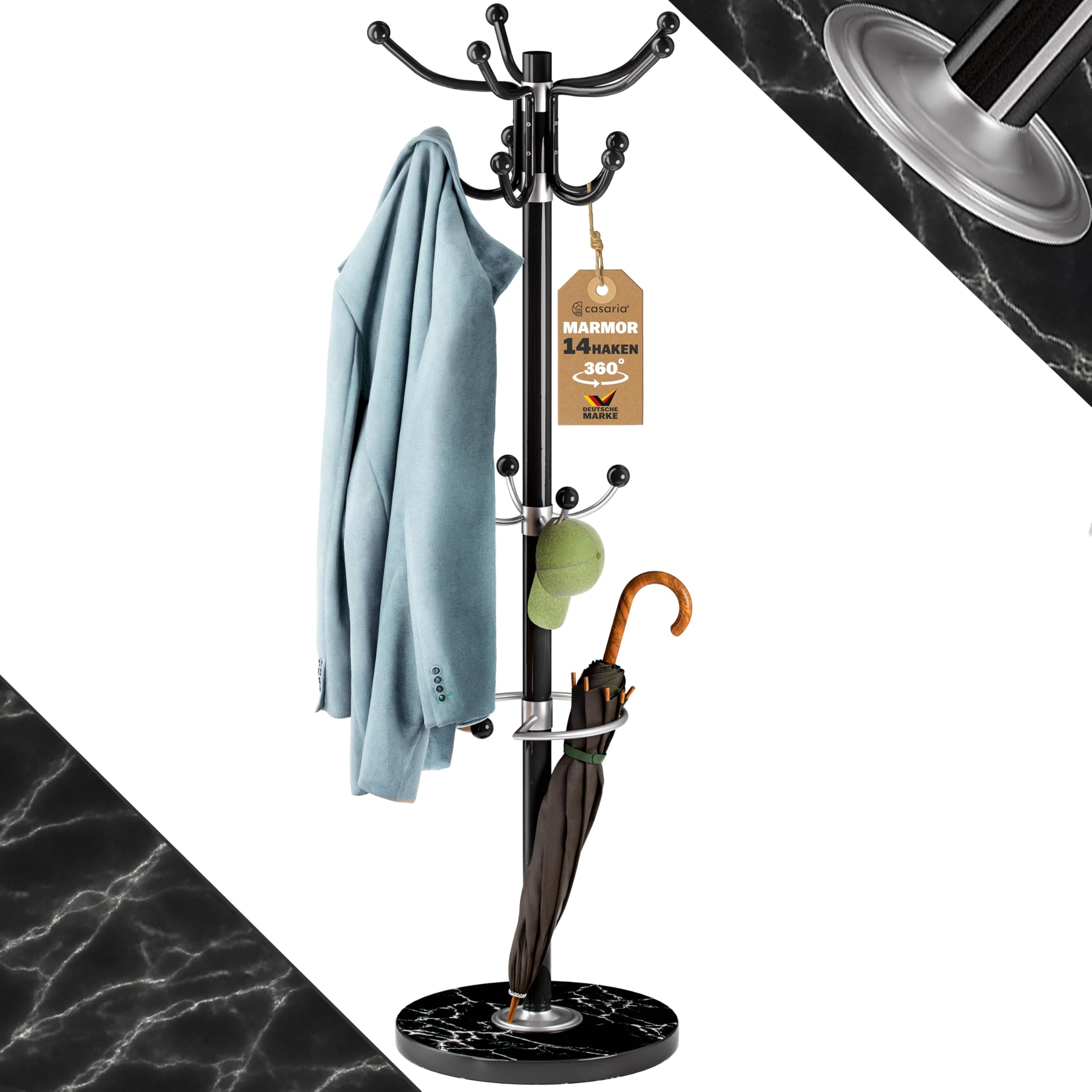 CASARIA® Perchero de Pie, Forma de Árbol, Percheros Pasillo,14 Ganchos, Base Mármol, Recibidor Entrada, Colgador Chaquetas Sombreros Ropa Resistente Bolsos 175x37cm