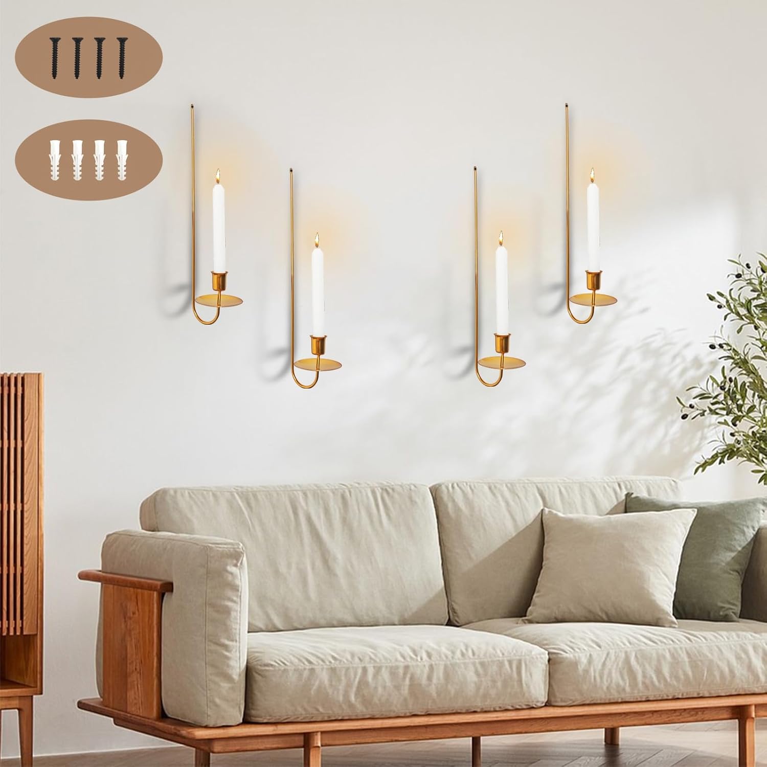 Gold Wall Candle Sconces Set of 4, Modern Wall Mount Candle Holders for Living Room Farmhouse Fireplace Wedding Mantle Decor, Brass Finish Taper and Pillar Hanging Sconce