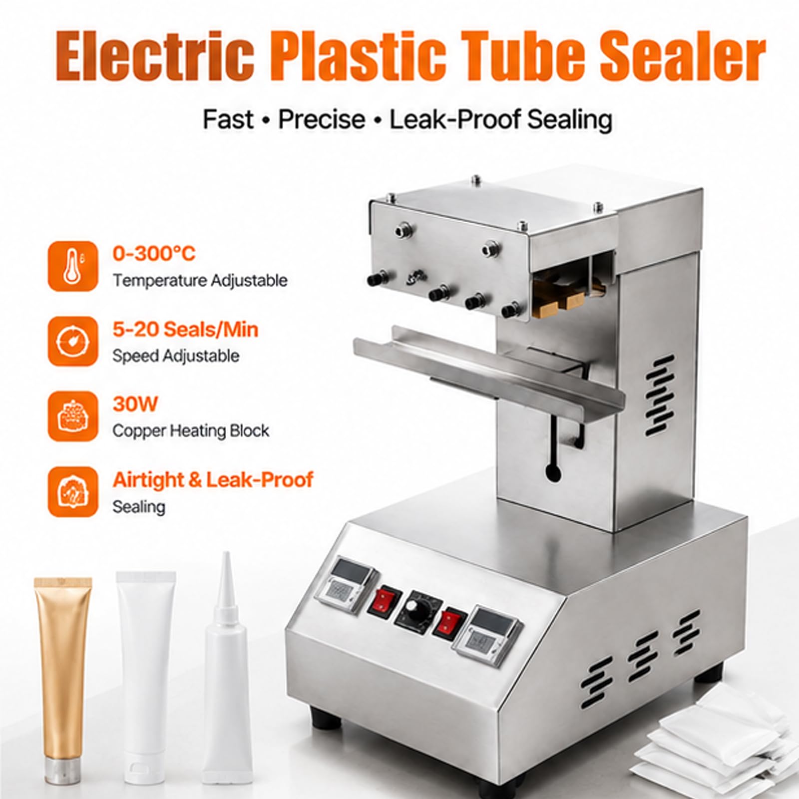 Sellador eléctrico de tubos de plástico, 0-300°C | 5-20 piezas/minuto, acero inoxidable 304, sellador de tubos de calentamiento semiautomático para compuestos y aluminio