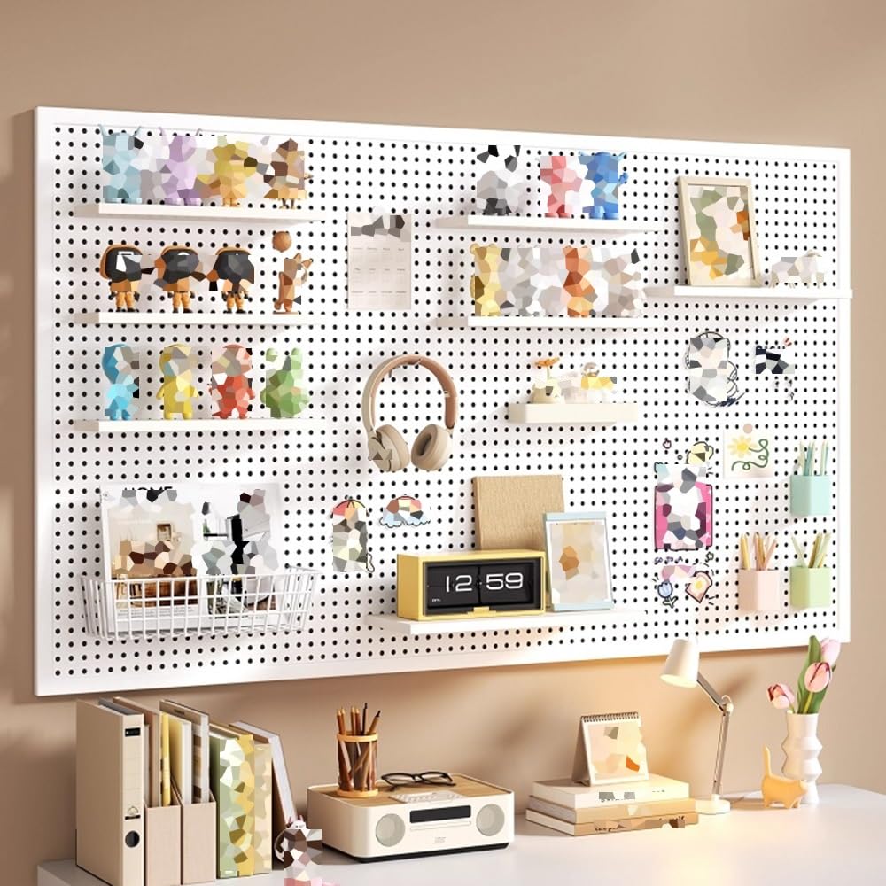 Kit organizador de tablero perforado para garaje y cocina, paneles de almacenamiento de metal con ganchos, sistema de tablero de clavijas de montaje en pared (blanco, 100 x 50 x 2,5 cm)