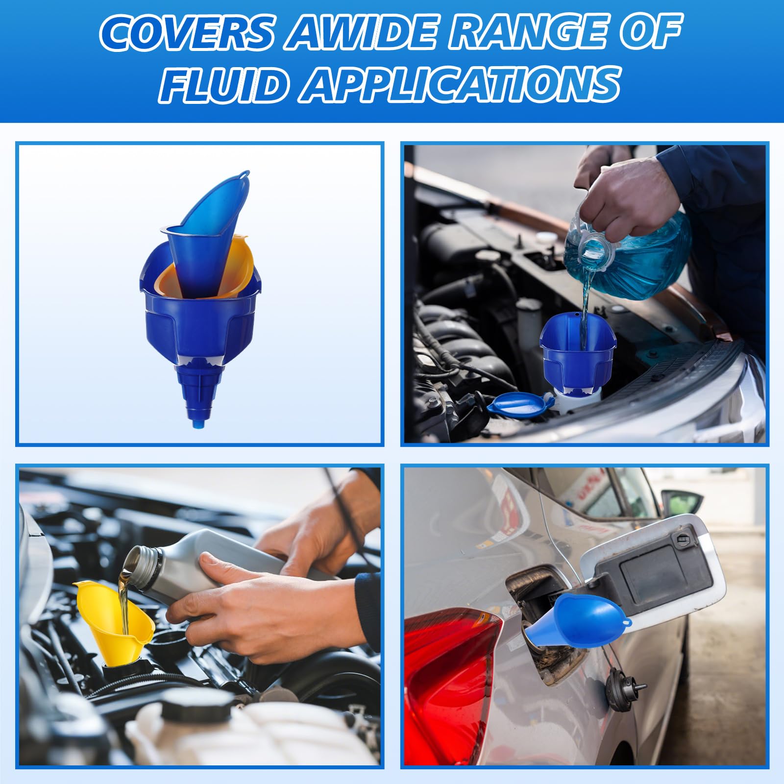 Maxdot Set di 11 imbuto per olio con borsa portaoggetti, imbuto flessibile in plastica a bocca larga per carburante con tubo lungo e filtro a collo lungo, salva-fuoriuscite, per uso automobilistico e