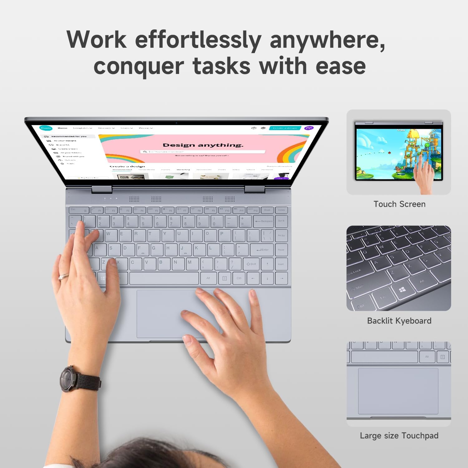 Backlit keyboard and large touchpad