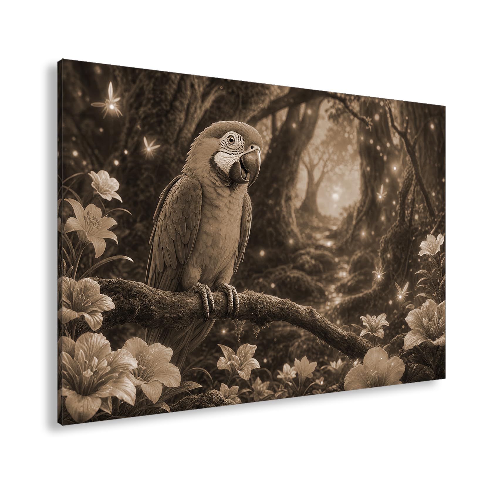 deyoli Obraz na płótnie Kolorowa papuga na drzewie w zaczarowanym lesie 100 x 70 cm Sepia | Format poziomy, jednoczęściowy druk artystyczny XXL, obraz na blejtramie, obraz na płótnie, obraz ścienny, dekoracja salonu