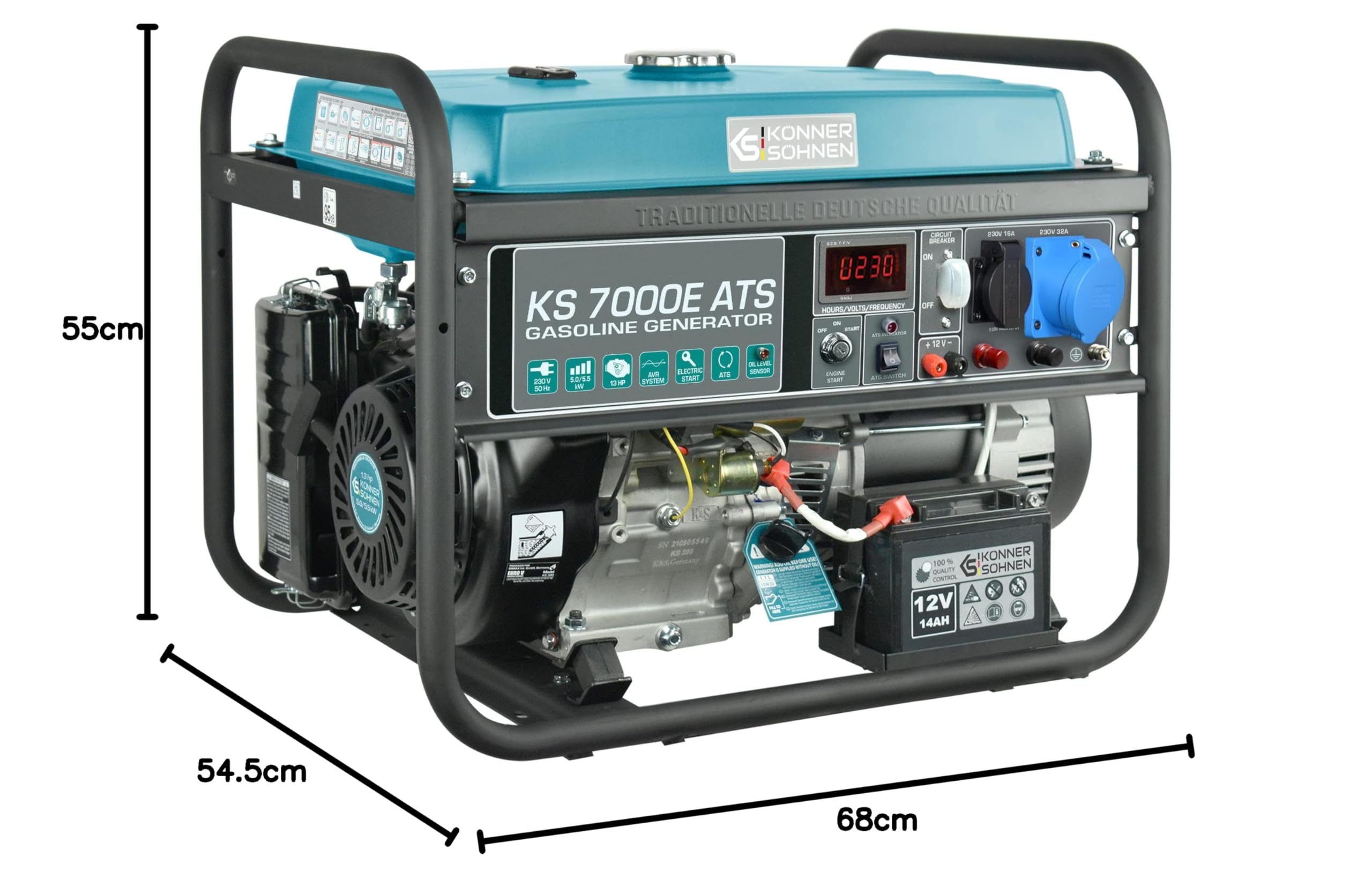 Könner & Söhnen KS 7000E ATS - 4-Takt Benzin Stromerzeuger 13 PS mit E-Start, Notstromautomatik, 1x16A, 1x32A (230V), Automatischer Spannungsregler, Anzeige, Generator für Haus, Garage, Werkstatt