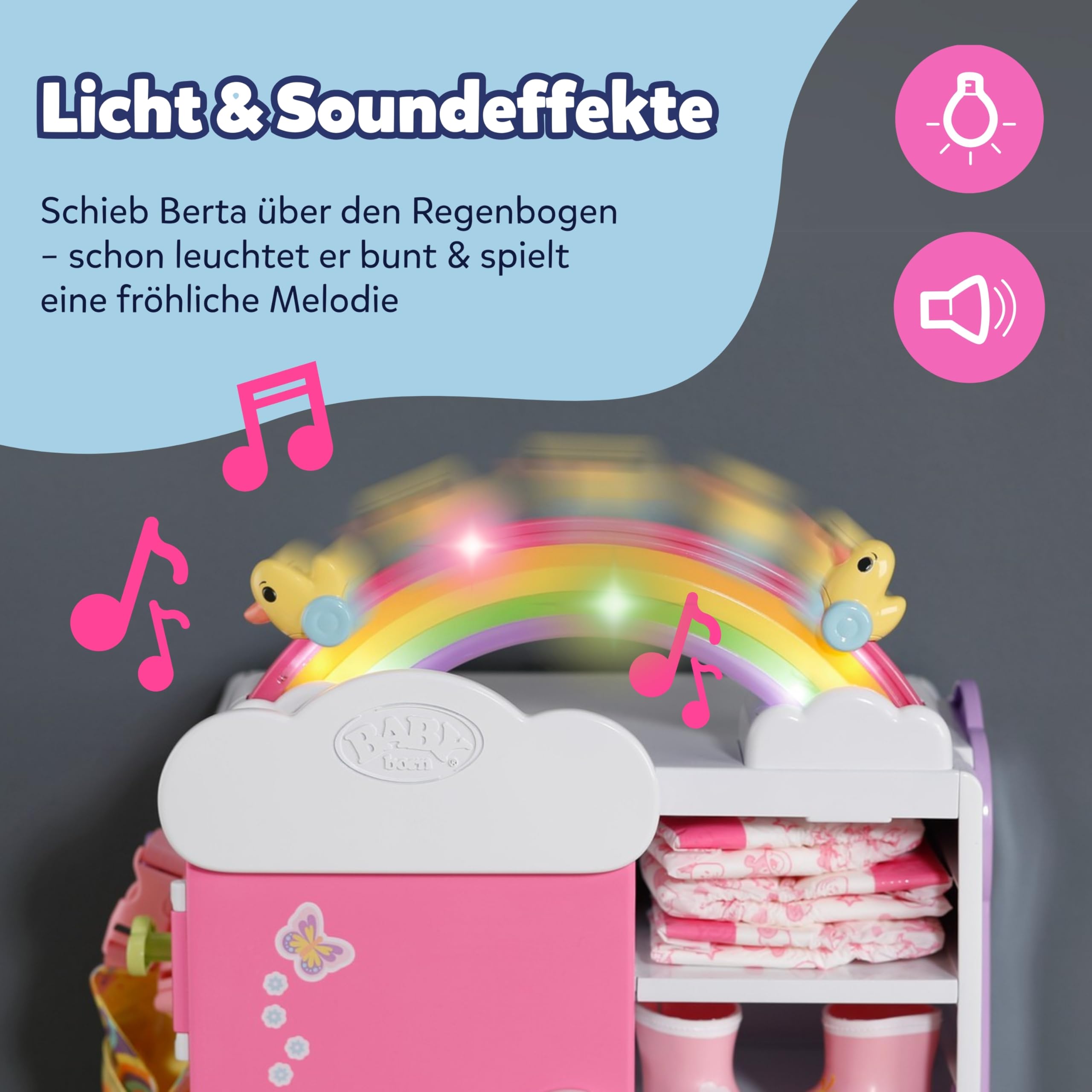BABY born Regenbogenschrank - Aufbewahrung für Puppenkleidung - Mit leuchtendem Regenbogen & fröhlichen Sounds - Hochwertiges Puppen Zubehör inkl. Schuhbladen, Kleiderbügel & Stickern