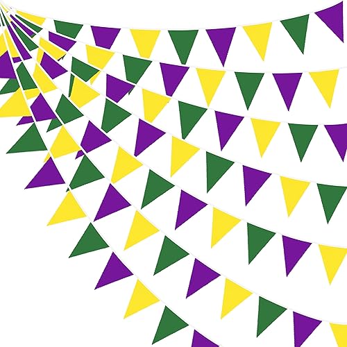 Miniatura 1 de Banderín de tela de 32 pies, color amarillo, verde, morado, banderines triangulares, guirnalda para fiesta de Mardi Gras, Mardi Gras, cumpleaños,