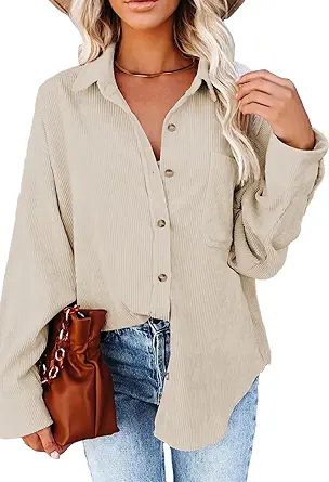 JOCAFIYE Womens Corduroy Shirt Casual Long Sleeve Button Down Jacket Fall Oversized Blouses Tops 2023