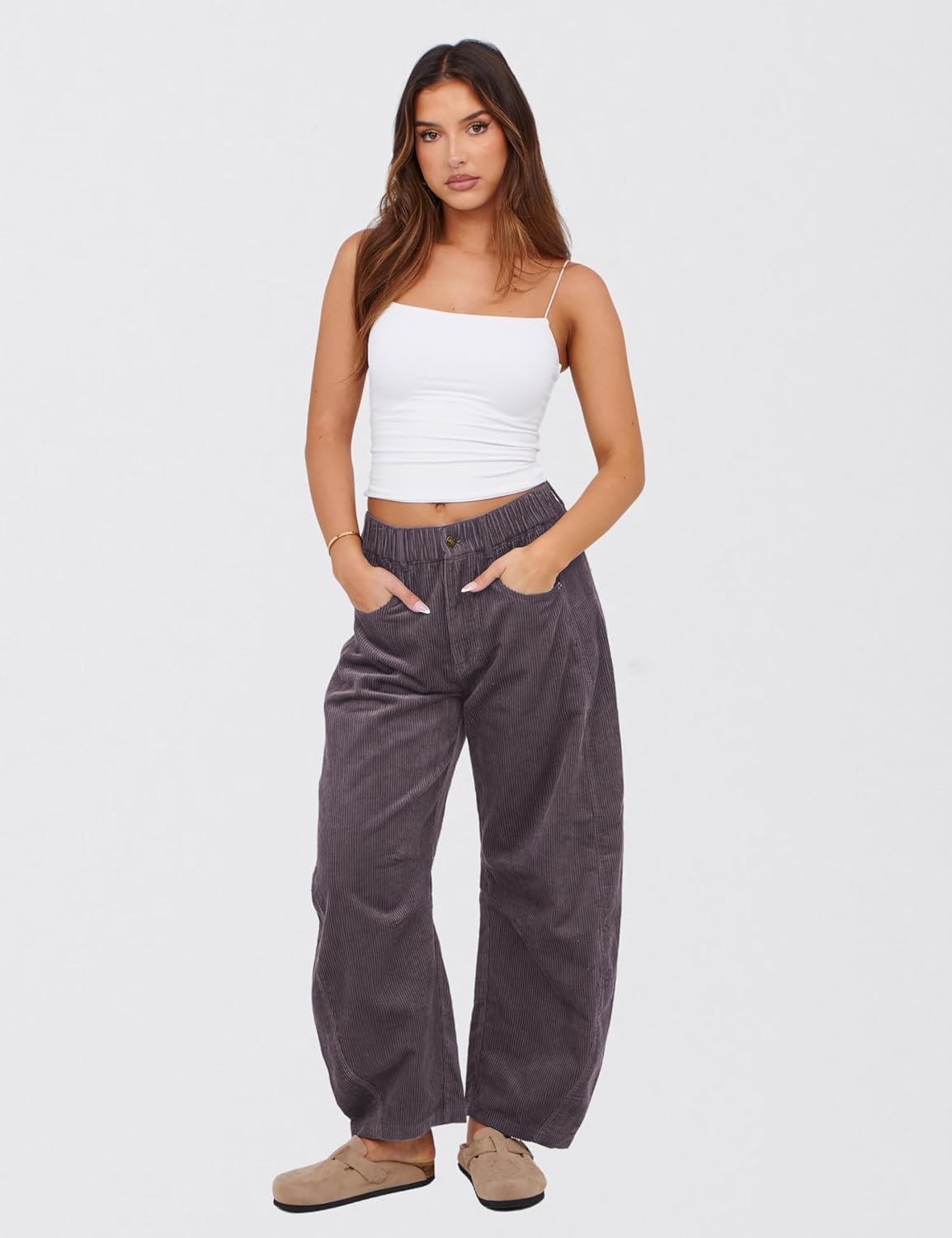 Lviefent Womens Mid Rise Cord Barrel Jeans Casual Baggy Wide Leg Corduroy Cropped Ankle Pants with Pockets - Image 2