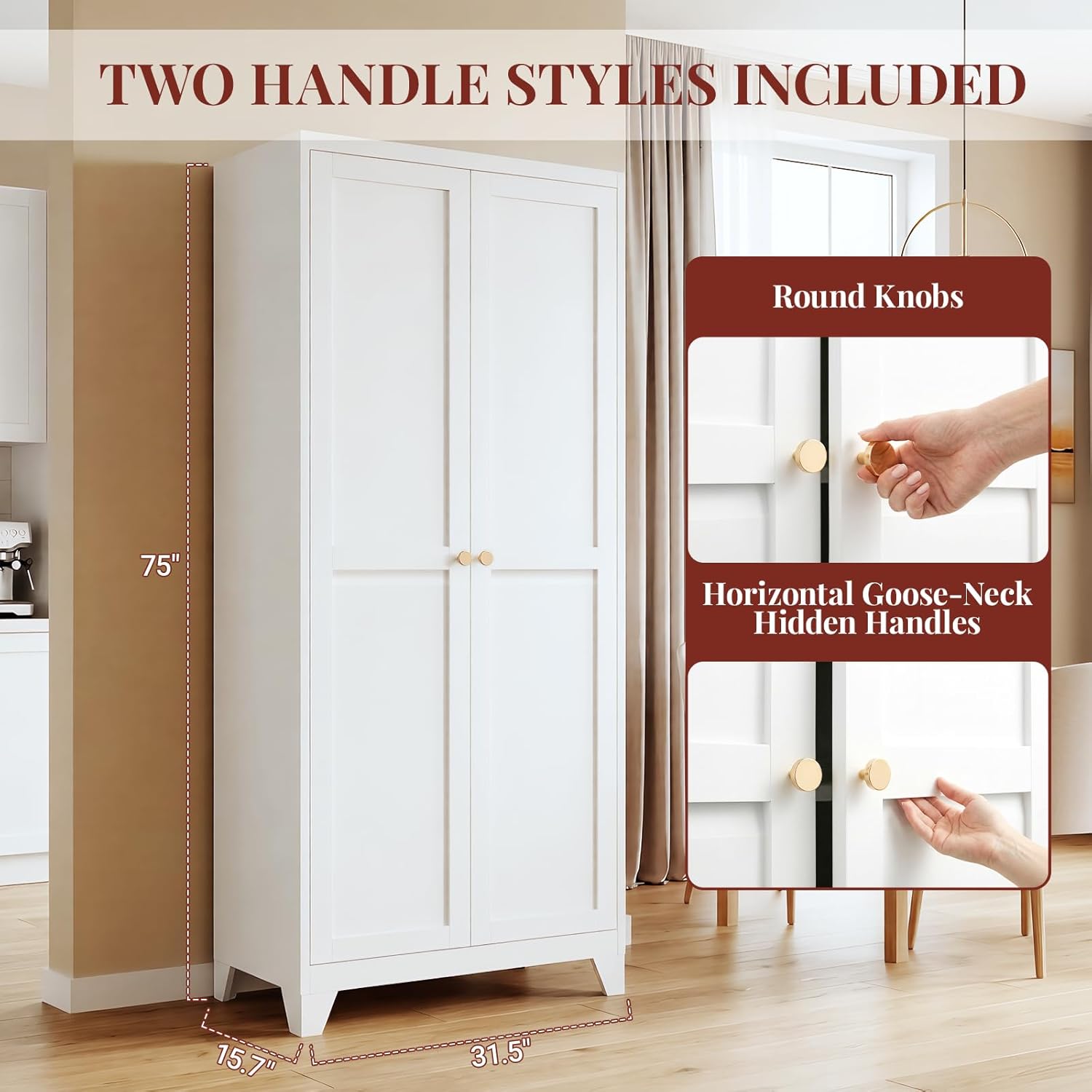 75" Metal Kitchen Pantry Cabinet with Dual Handles & Adjustable Legs, Freestanding Storage Cabinet with Doors and 5 Adjustable Shelves, Tall Food Pantry for Kitchen Dining Room, White