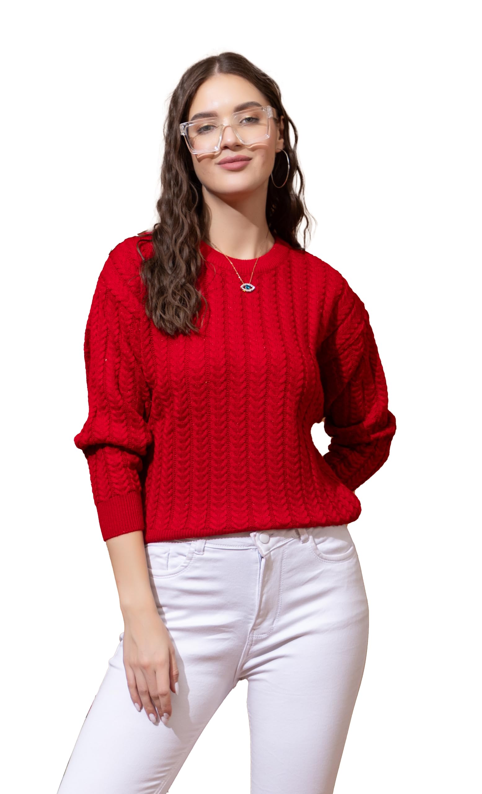 Women’s Full Sleeves Round Neck Cable Design Pullover Sweater | Pure Woolen Winter Wear