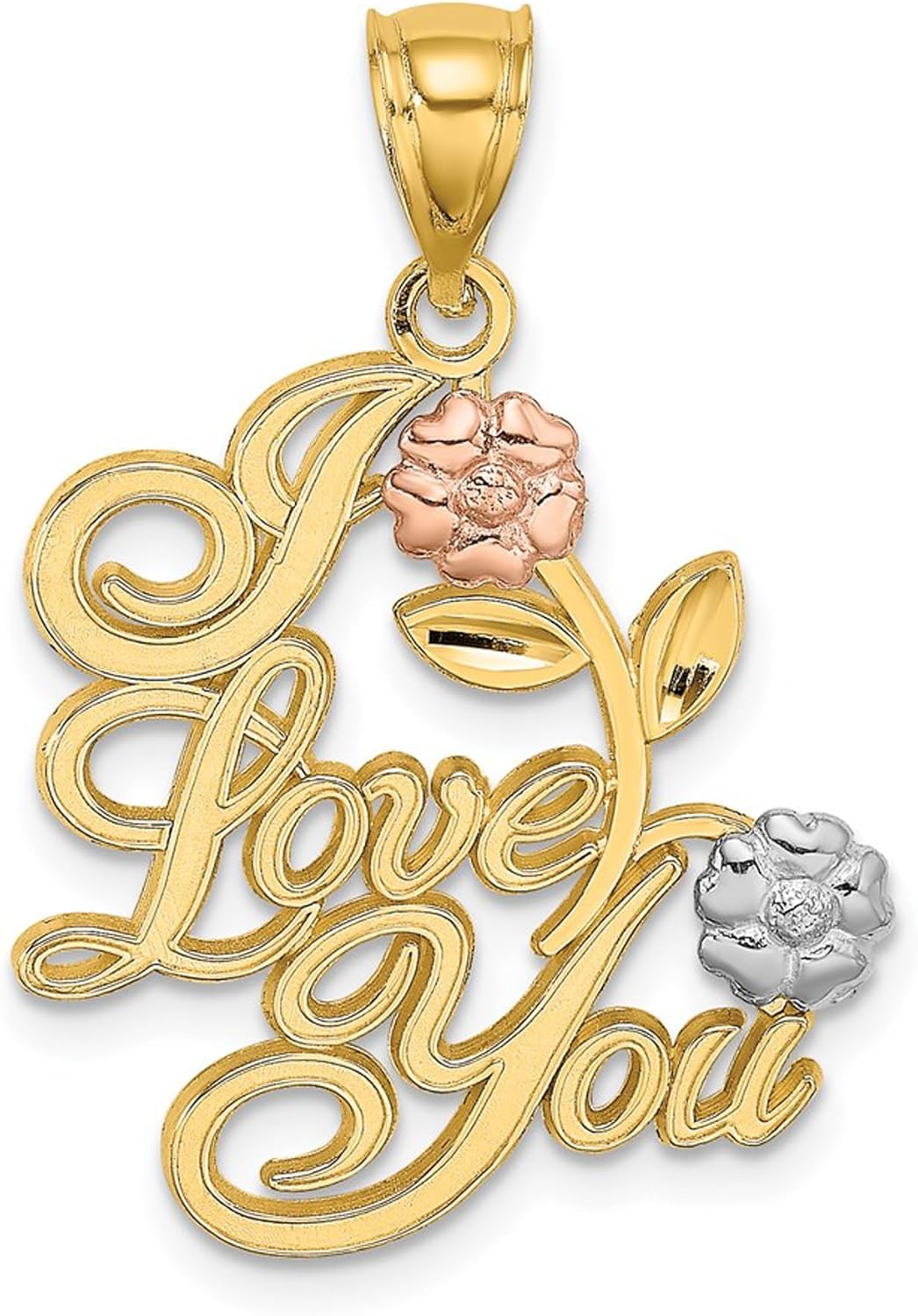 DEWBERRY 14k Two-tone Gold I LOVE YOU with Flowers Pendant (Weight : 1.76gm, Length : 26.75mm, Width : 20.2mm)