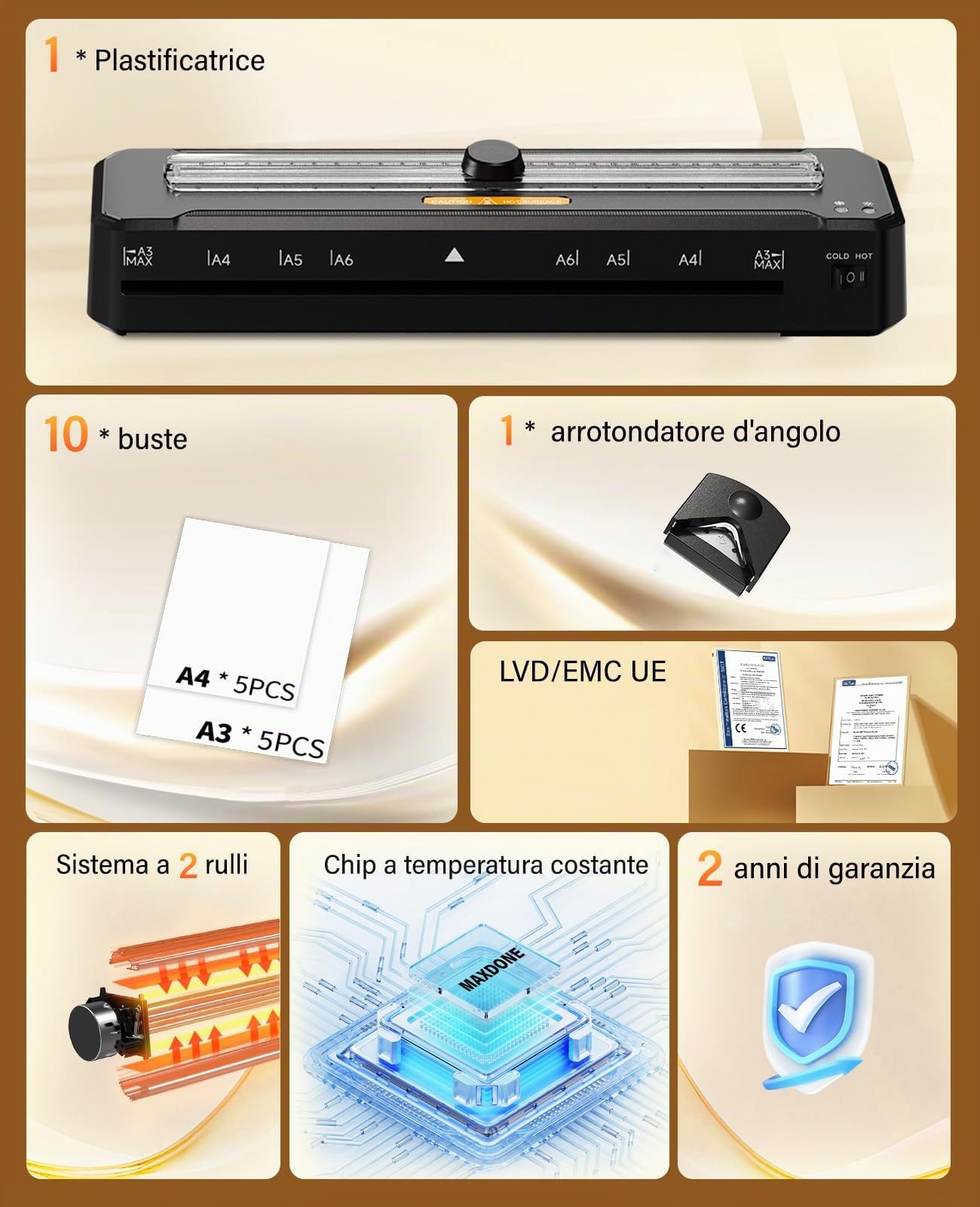 A3 Plastificatrice, Plastificatrice a Freddo e Caldo con 10 Sacchetti e Arrotondatore per angoli, 90s per riscaldarsi, Sistema a Doppio Rullo, Laminatrice per Scuola, Ufficio e Casa Documenti Foto