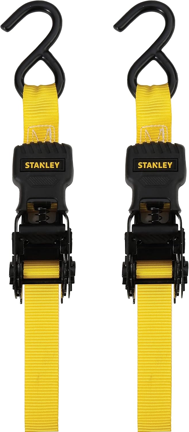 Stanley S10002 Black/Yellow 1" x 10' Ratchet Tie Down Straps - Light Cargo Securing (1,500 lbs Break Strength), 2 Pack
