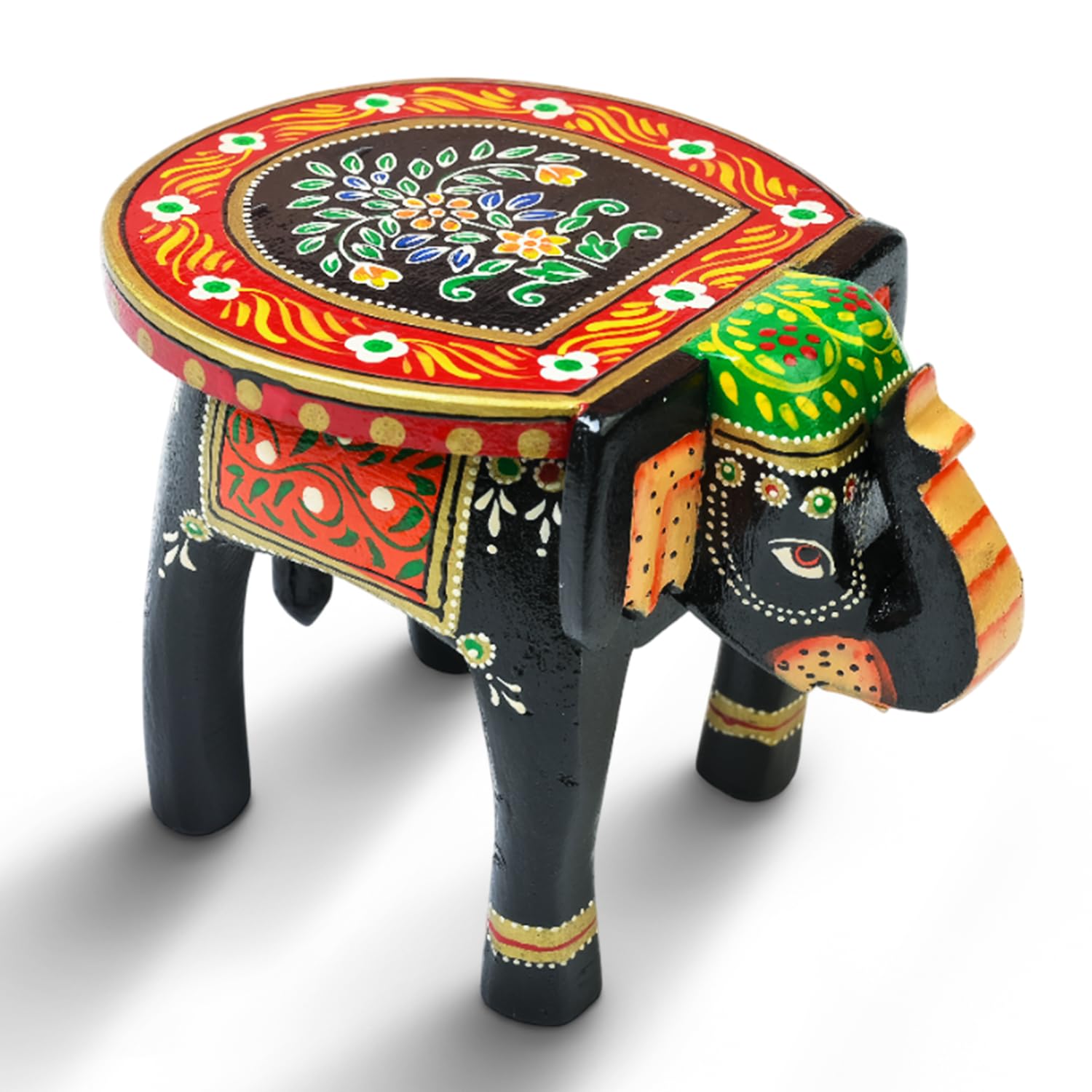 Handcrafted Wooden Elephant Stool Hand-Painted Rajasthani Design, 20.3 x 20.3 x 25.4 cm Multicolour Wood Elephant Stool Showpiece Wood Accent Furniture for Multi-Purpose Use (Orange)-image-49