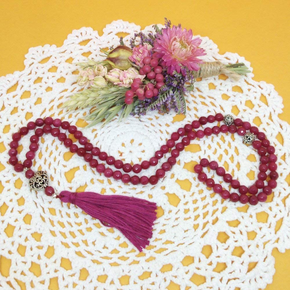 Ruby faceted jade Islamic tasbih, 99 bead prayer beads, 24 inch circumference, OOAK