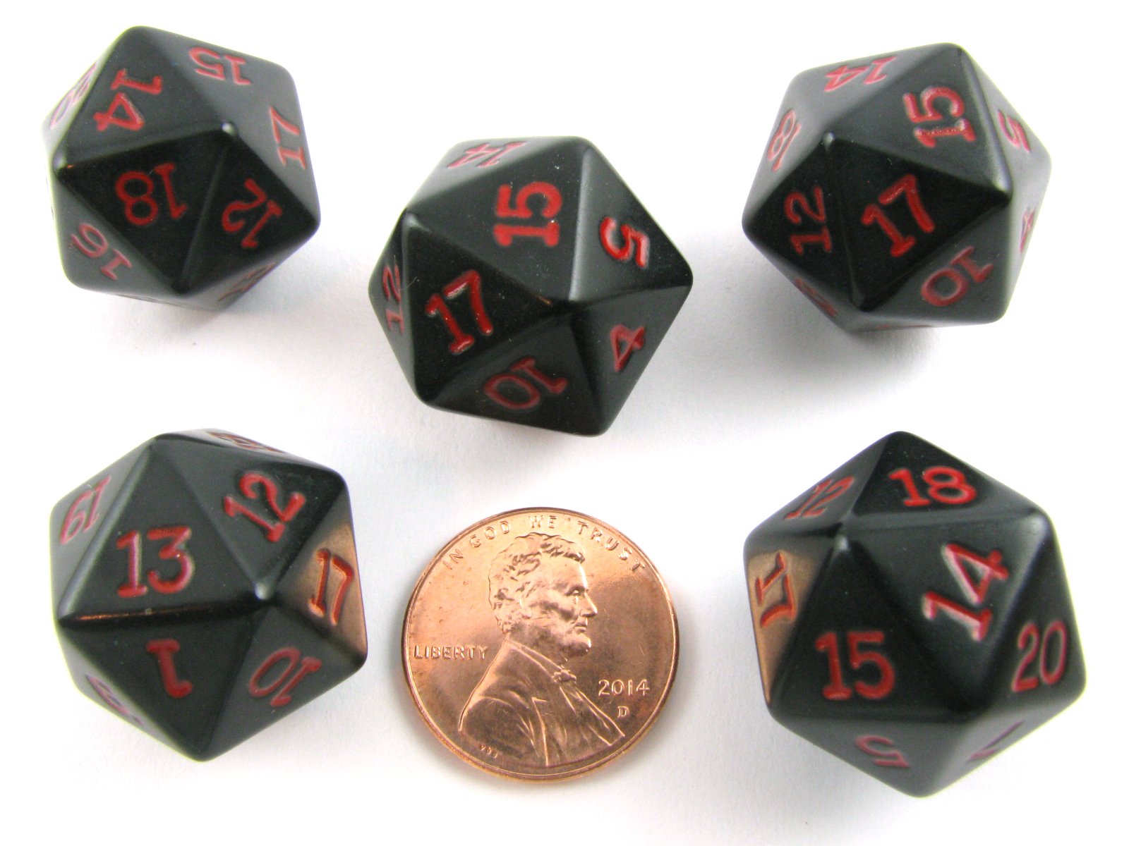 Koplow Games Set of 5 Twenty Sided 19mm D20 Opaque Dice RPG D&D Black with Red Numbers Die