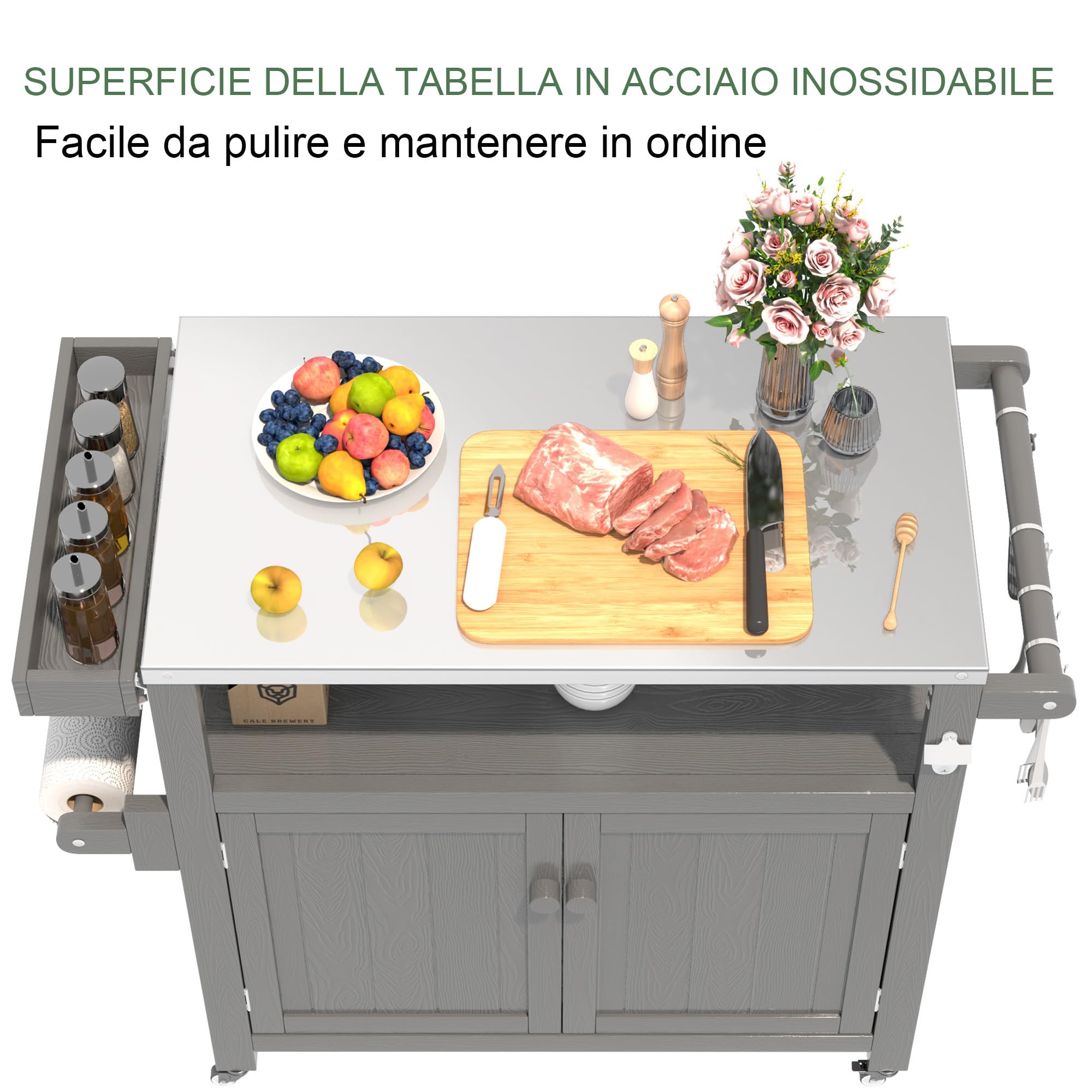 Isola di Cucina Esterna con Ruote Marrone - Carrello Barbecue Mobile Multifunzione, Piano Lavoro e Stoccaggio, Portatile per Giardino Terrazza Campeggio Picnic