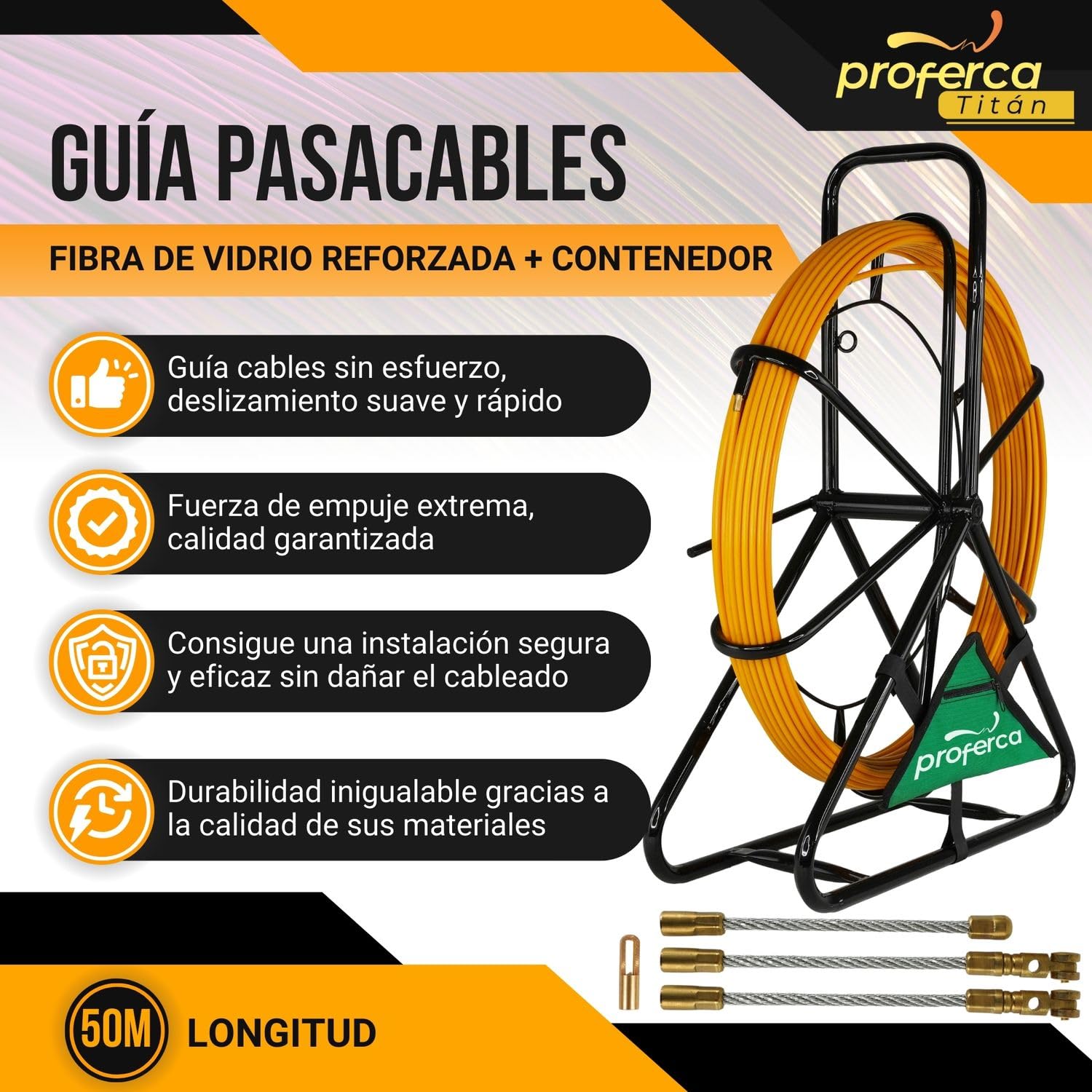 Guia Pasacables Profesional 6mm y 50 metros de Fibra de Vidrio Reforzada | Guia con Contenedor y Accesorios intercambiables| Especial Jardines | Malla Tiracables
