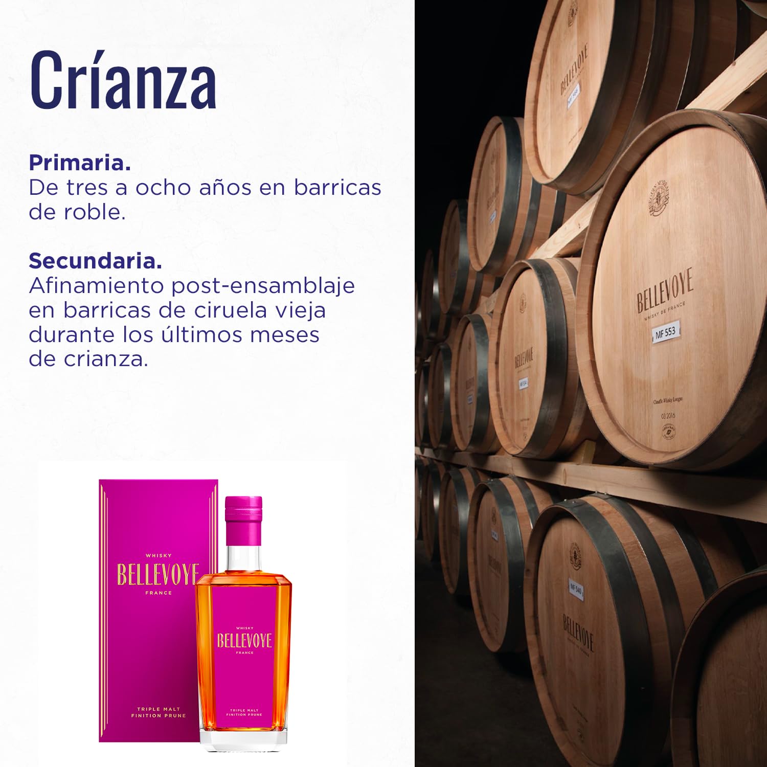 BELLEVOYE - Whisky Triple Malt - Whisky Francés Bellevoye Prune - Doble medalla de oro Concours Mondial de Bruxelles 2022-43% De Alcohol - 100% Origen Francia - 700 ml