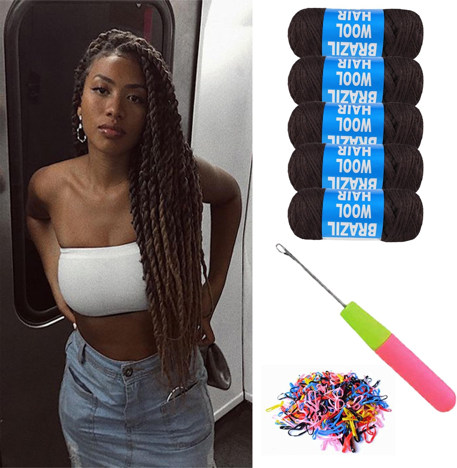 GFDYREE Brazilian Wool Hair 4 Roll 100% Brazilian Wool Hair For African Crochet Hair Braiding Twisting Jumbo Braids/Senegalese Twist/Faux Locs/Wraps With Crochet Hook(4 Roll, Honey Brown - View #12