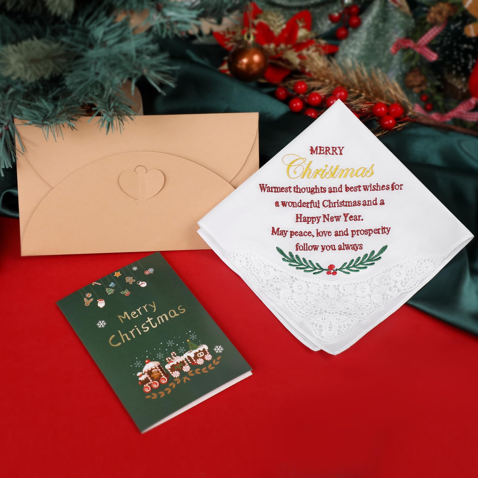 HOULIFE Christmas Handkerchiefs, Soft Cotton Mens Women Christmas Handkerchief White Embroidered Hankies Christmas Gift (Women)