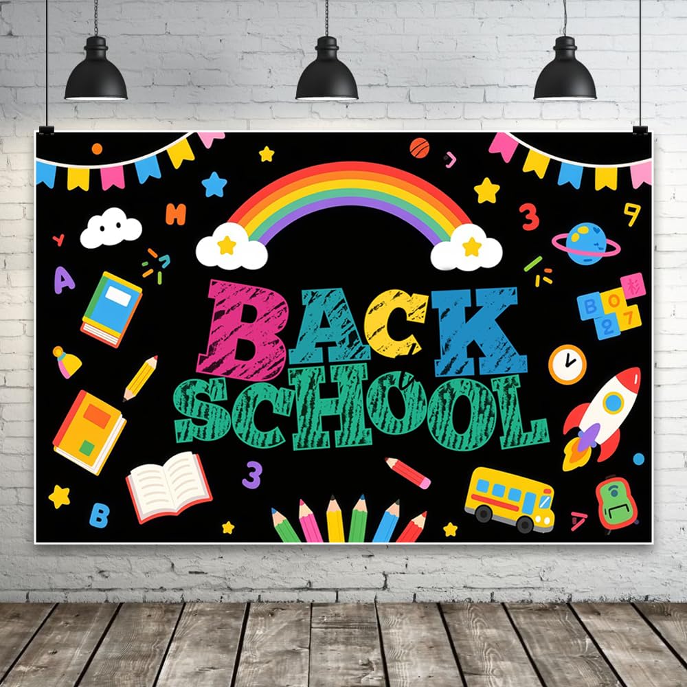 4.2x3m Cartoon-Regenbogen Einschulung-Fotohintergrund Schulbuch Bleistift Tafel Hintergrund für Bürobanner Klassenzimmerbedarf Fotokabine