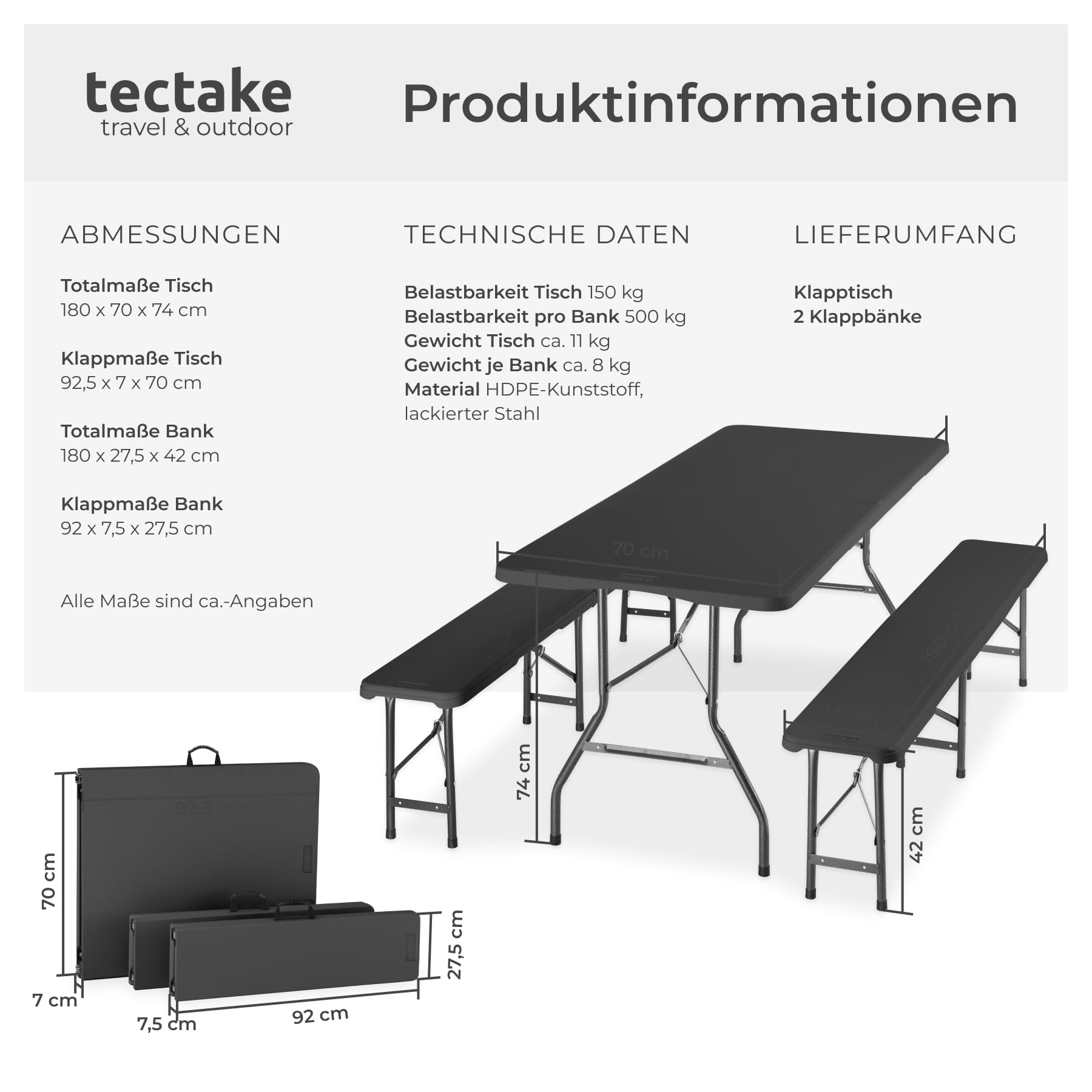 TecTake® wetterfeste Campingtischgarnitur für 8 Personen, Bank bis 250 kg belastbar, klappbar, wetterfest, robuster Kunststoff, Camping Set, Tischset, Outdoor Tischgarnitur, Campingmöbel – anthrazit | Bis zu 8 Personen, robuster Kunststoff, 500 kg Belastb