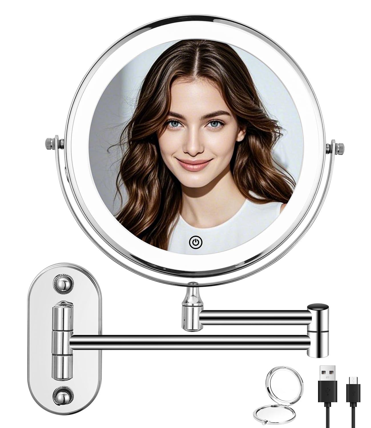 Zhufas Montaje en pared con iluminación espejo, aumento 1X/10X, espejo de maquillaje regulable, espejo de pared para baño y hotel, con iluminación, luces de 3 colores, giratorio 360°,espejo de afeitar