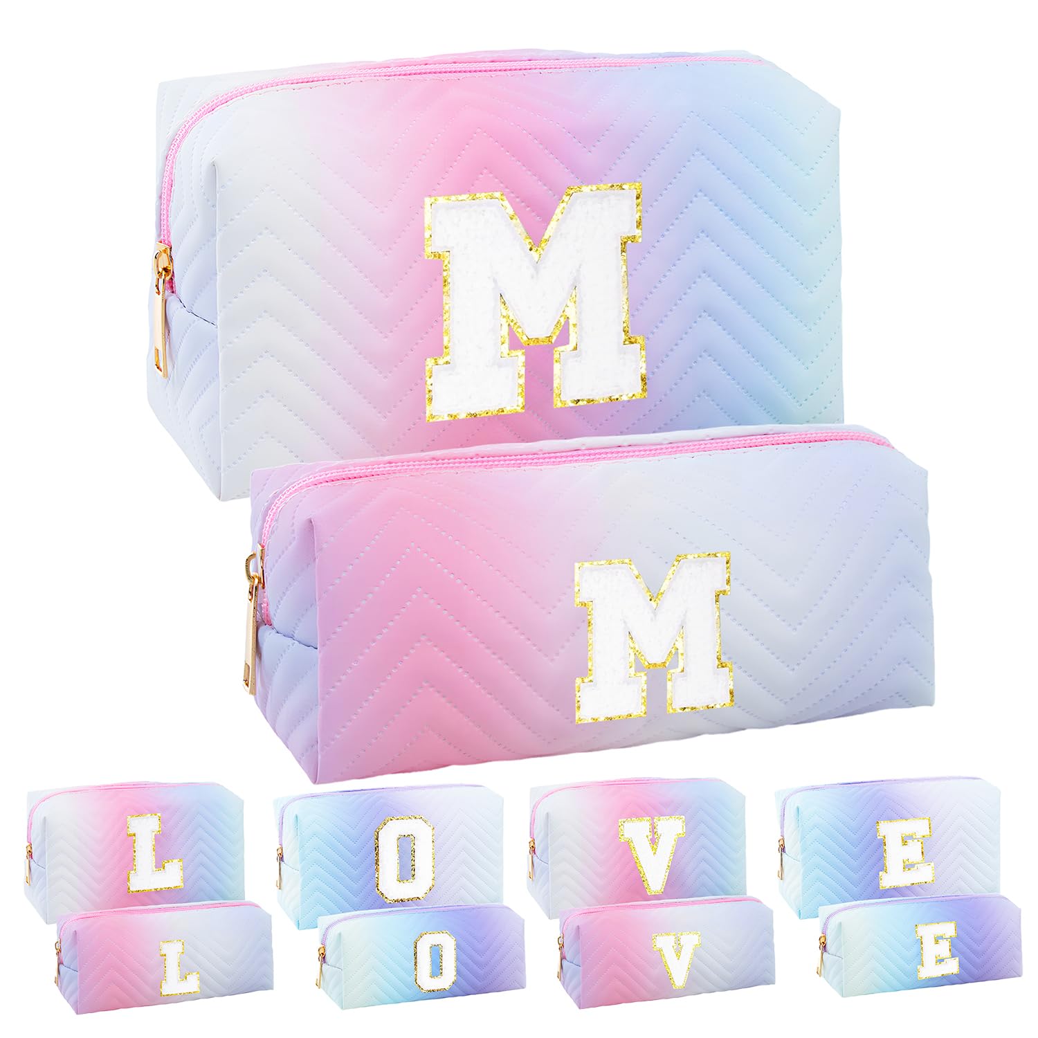 2-Pack Quilted Makeup Bag Set – Cute Cosmetic Pouch for Travel, Toiletries, Purse & Organizer – Large Small Zipper Makeup Bags, Personalized Initial