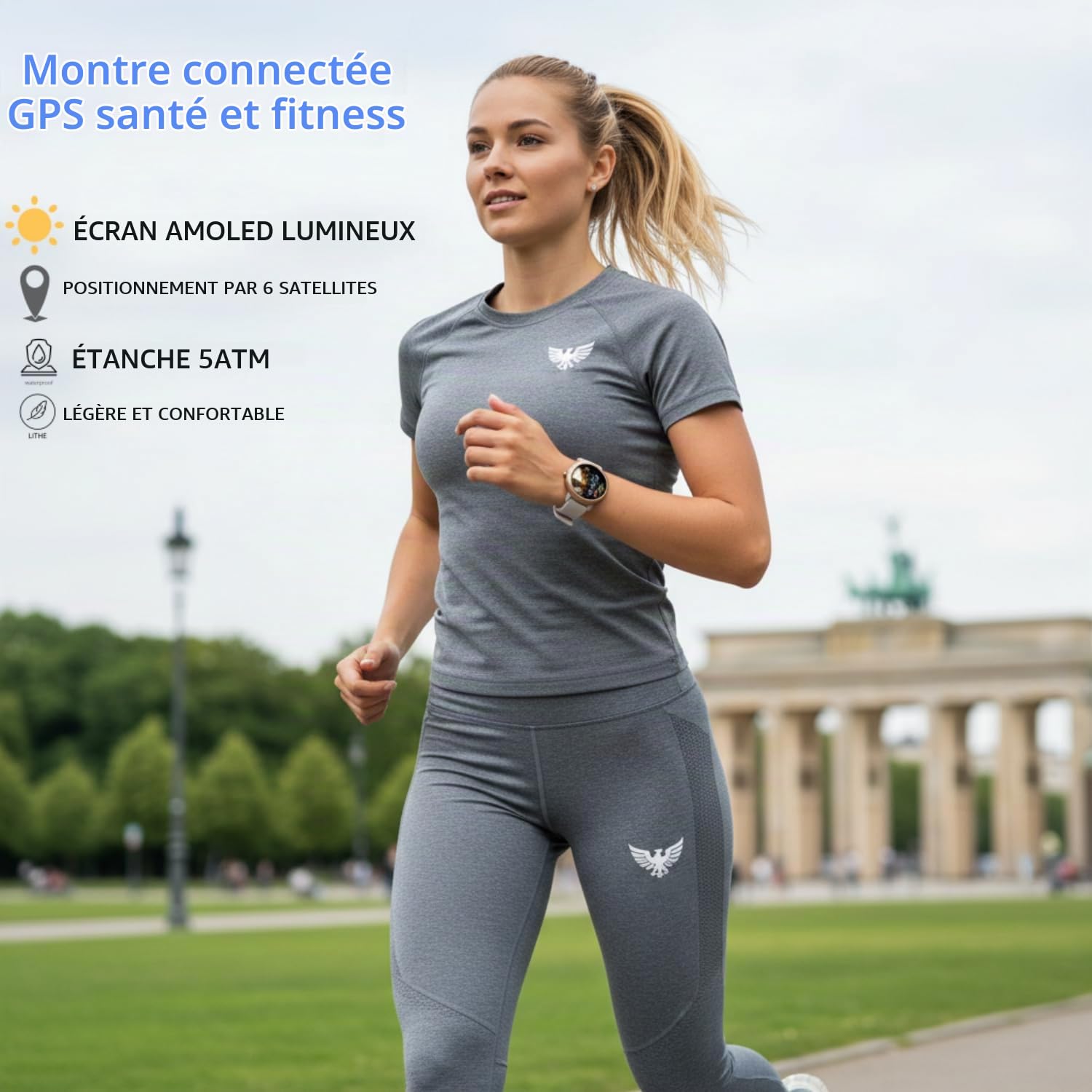 AIEK Montre Connectée Femme GPS, Écran AMOLED 1.32" Étanche Smartwatch Sport, Android iOS, Idéal pour la Randonnée/la Course à Pied/la Natation,Santé Au Féminin/Fréquence Cardiaque/Sommeil (Or)