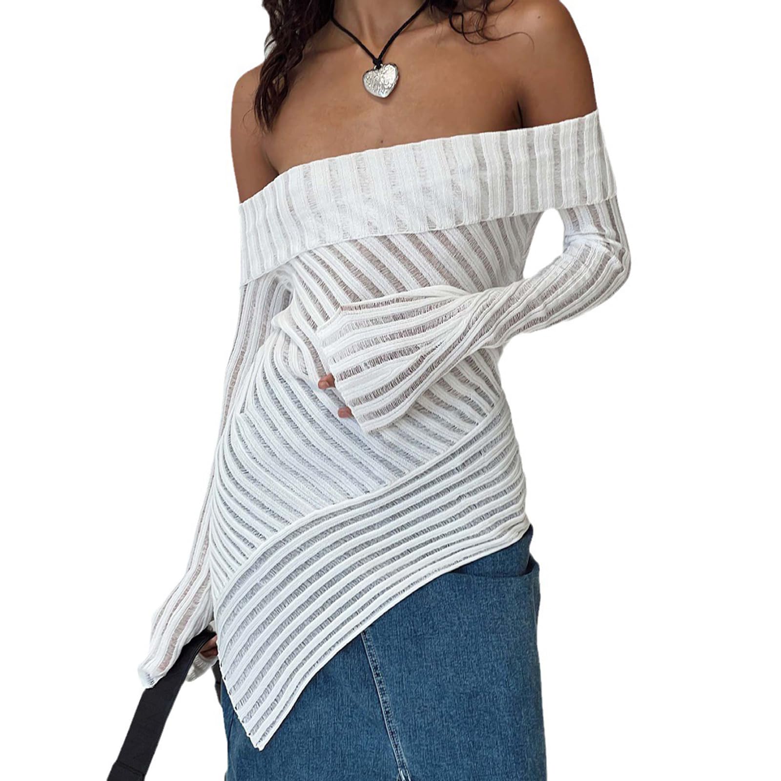 Bluzki z odkrytymi ramionami Damskie Długie rękawy Nieregularny dół Stripe Knit Slim Fit Wyjściowe topy