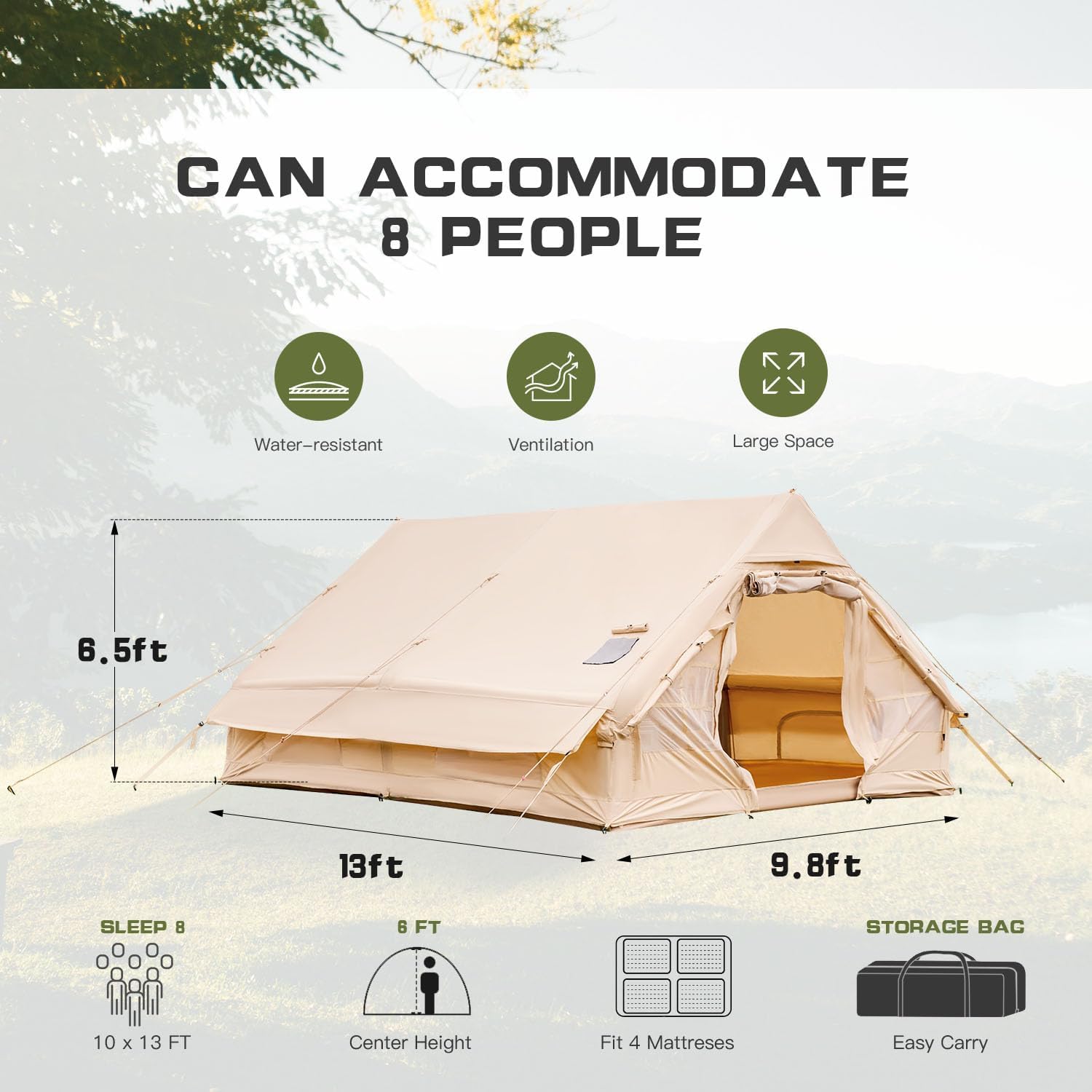 EROMMY 6-8 Person Inflatable Tent for Camping, Easy Setup 130 Square Camping Tent with Mesh & Chimney Windows, Large Tents for Outdoor Camping