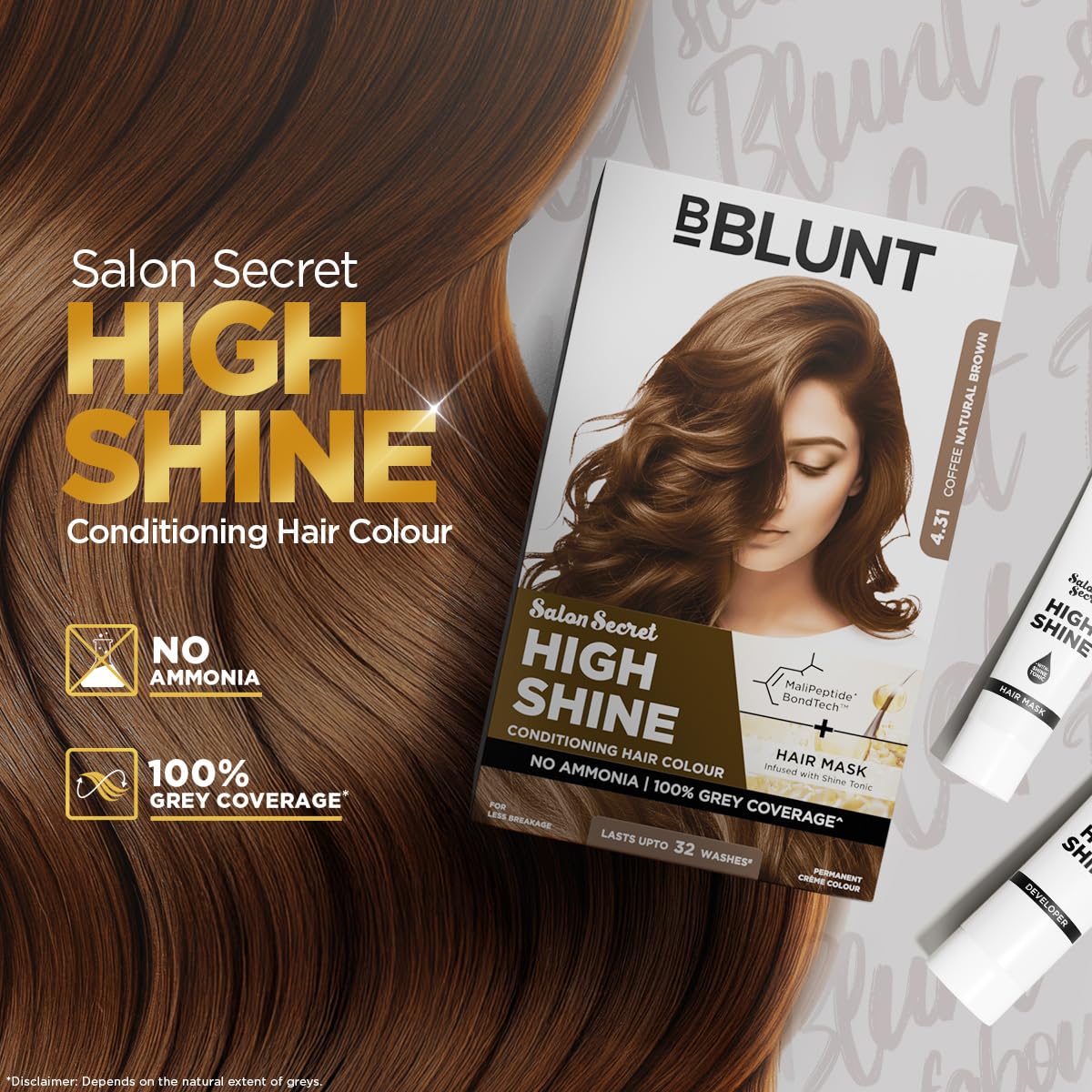 BBLUNT Salon Secret High Shine Conditioning Hair Colour With MaliPeptide BondTech™ to reduce breakage | Coffee Natural Brown 4.31 | No Ammonia 100%, Grey Coverage | Long Lasting Colour | Salon at home 2