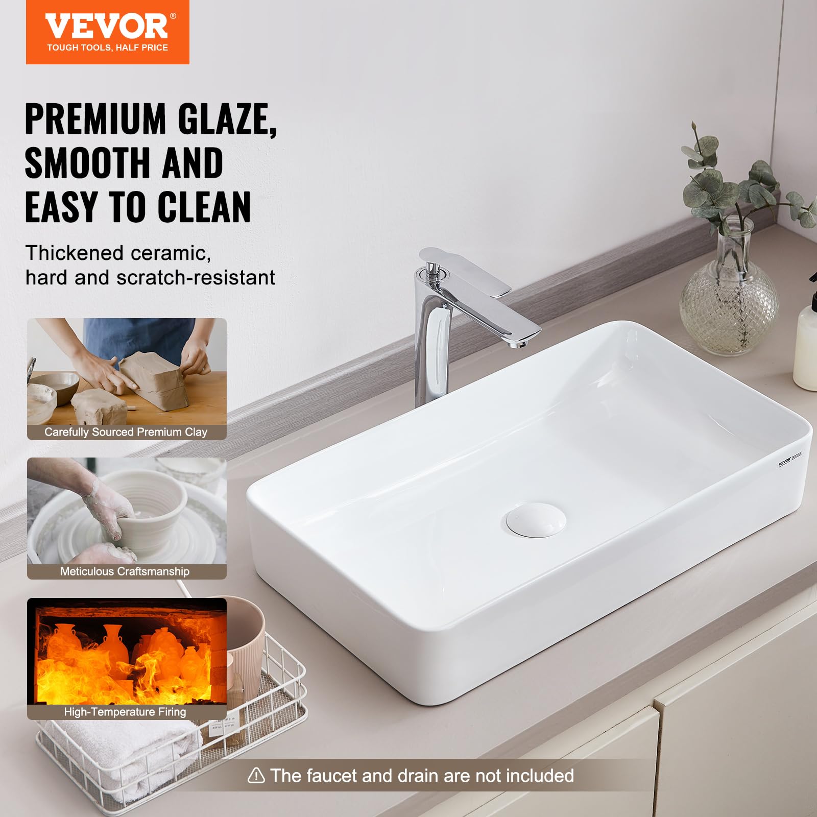 VEVOR Fregadero Rectangular para Recipiente, Encimera Lavabo de Baño de Cerámica Blanca sobre Mostrador, Estilo Moderno, Brillante y Elegante, Bien Empaquetado para Baño, Inodoro, 609 x 351 x 112 mm