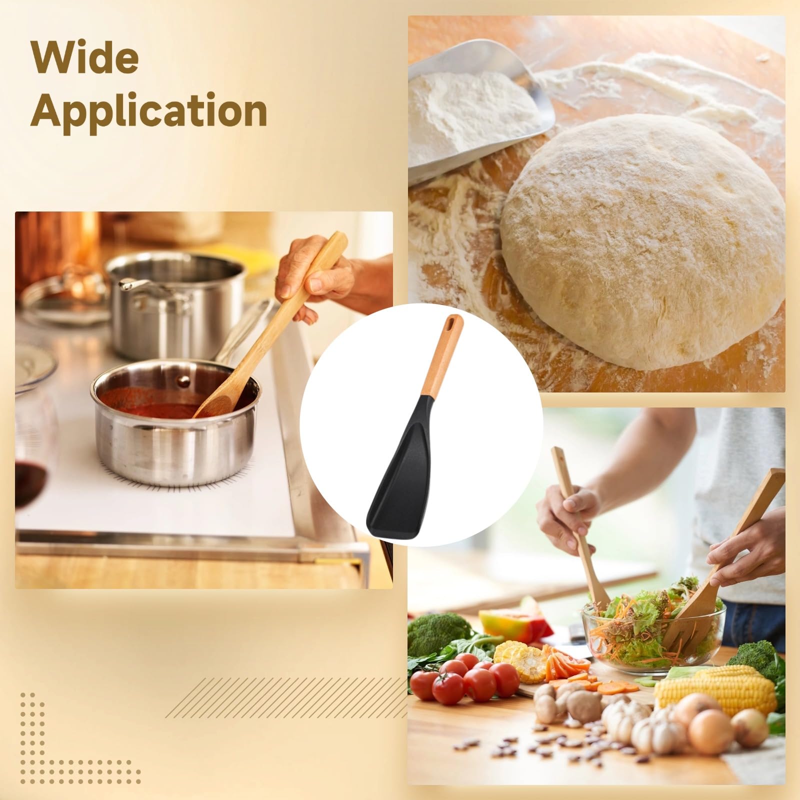 Lot de 4 cuillères de cuisine avec manche en bois, cuillère salade en silicone, ustensiles noirs à suspendre, pour mélanger, prélever et servir, pour poêles et casseroles antiadhésives