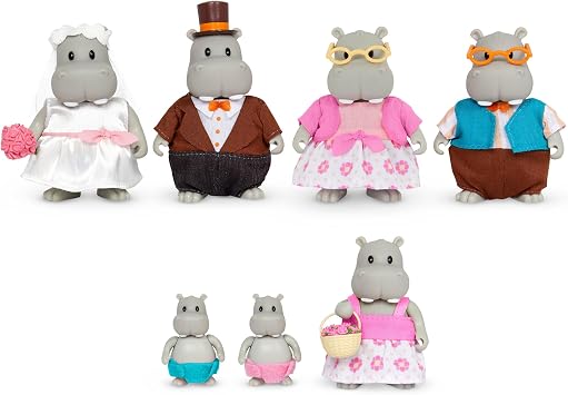 Lil Woodzeez The Pitterpotemus Hippo Family Wedding Set of 7 Collectible Posable Hippo Figures Pretend Play Doll Figures 3+ Years Fun Animal Play Set
