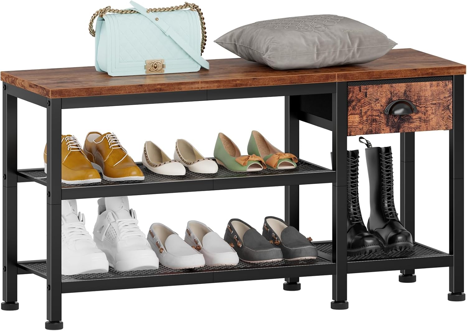 Furnulem 3-Tier Shoe Rack Bench with Storage Drawer, Industrial 35.5" Entryway Shoes Stool with Metal Mesh Shelves & Wood Seat,Free Standing Shoe Entry Table Indoor Organizer for Front Door,Foyer,Dorm