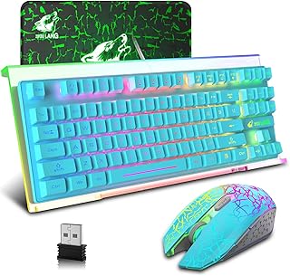 ZIYOU LANG Wireless Gaming Keyboard Mouse and Wired Clear Acrylic RGB Keyboard Stand with Rainbow Backlit 87Key Ergonomic Mechanical Rechargeable 3800mAh Battery Anti-ghosting for PC Mac Gamer(Blue)