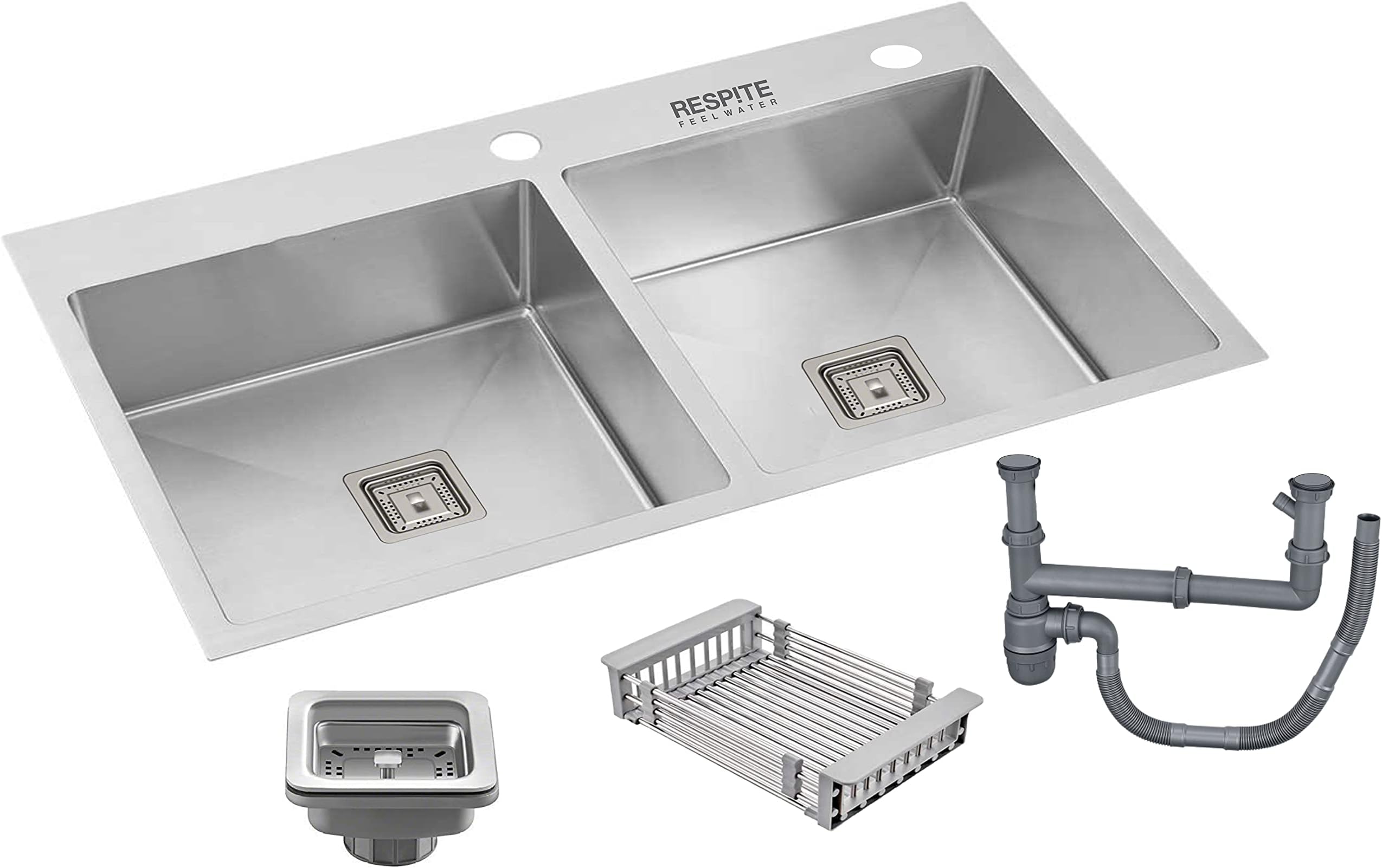 RESPITE 45" X 20" X 10" DOUBLE BOWL WITH TAP HOLE HANDMADE KITCHEN SINK (MATT FINISH)