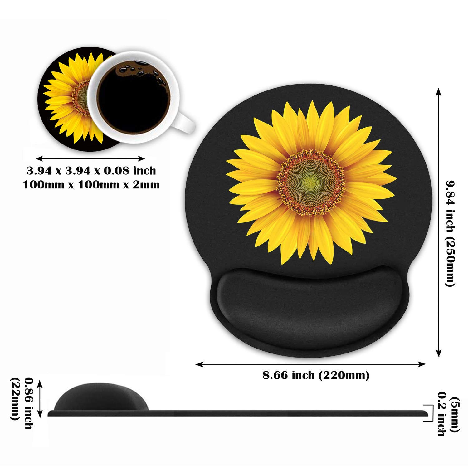 LOWORO Ergonomic Mouse Pad Wrist Support with Coasters Set, Cute Large Wrist Rest Pad with Non-Slip PU Base for Laptop Computer Home Office Working Gaming Pain Relief, Sunflower