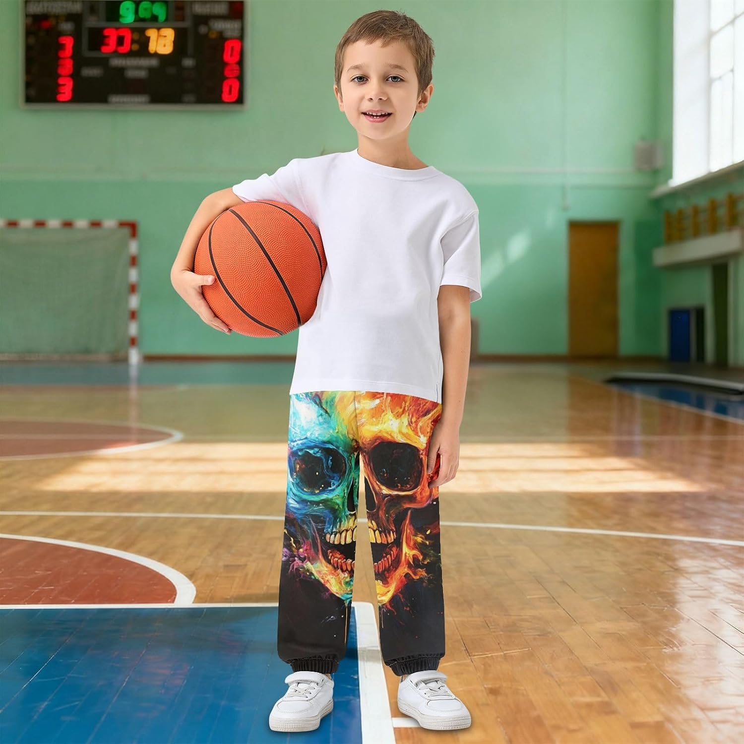 Boy Sweatpants Colorful Flames Skull Joggers Casual Athletic Pants Kids Elastic Waist Cuffed with Pockets