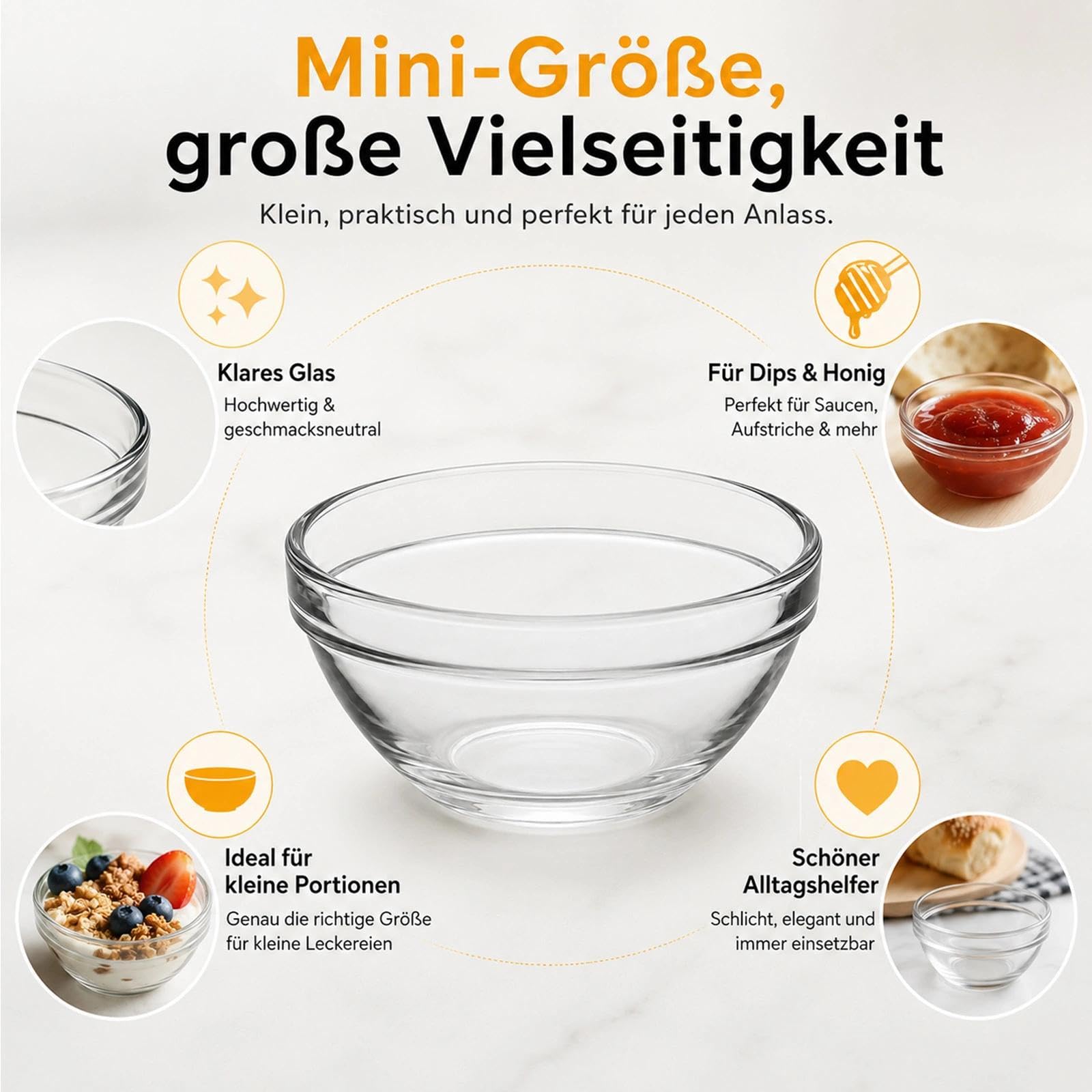 Set di 10 ciotole in vetro, diametro 6 cm, piccole ciotole in vetro per salse, salse e marmellate, impilabili, lavabili in lavastoviglie, mini ciotole da dessert rotonde per cucina, feste e