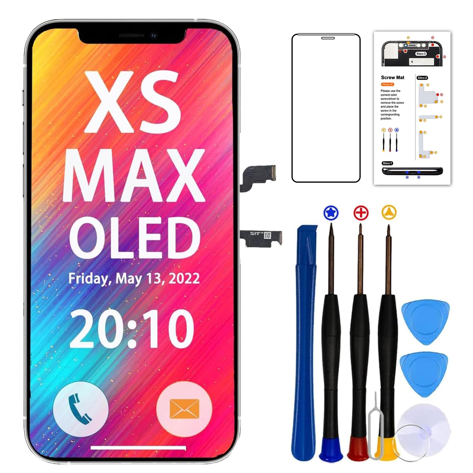Display OLED per iPhone XS Max Schermo, 6.5" (Modello A1921, A2101, A2102, A2103, A2104) Full-HD 3D Touch Sostituzione Vetro Digitalizzatore Parti di Ricambio con Kit di Riparazione