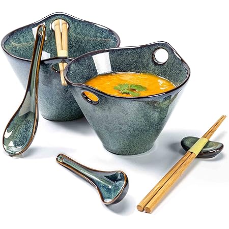 APOMOONS Ramen Schüssel Set Keramik - Japanische Suppenschale 580ml Mit Stäbchen & Löffel