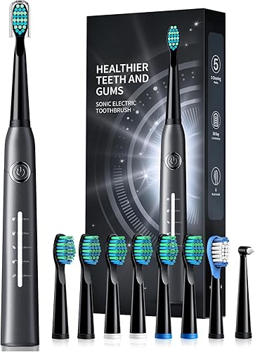 TEETHEORY Cepillo de dientes eléctrico para adultos con 8 cabezales de cepillo, cepillo de dientes eléctrico sónico con 40000 VPM limpieza profunda